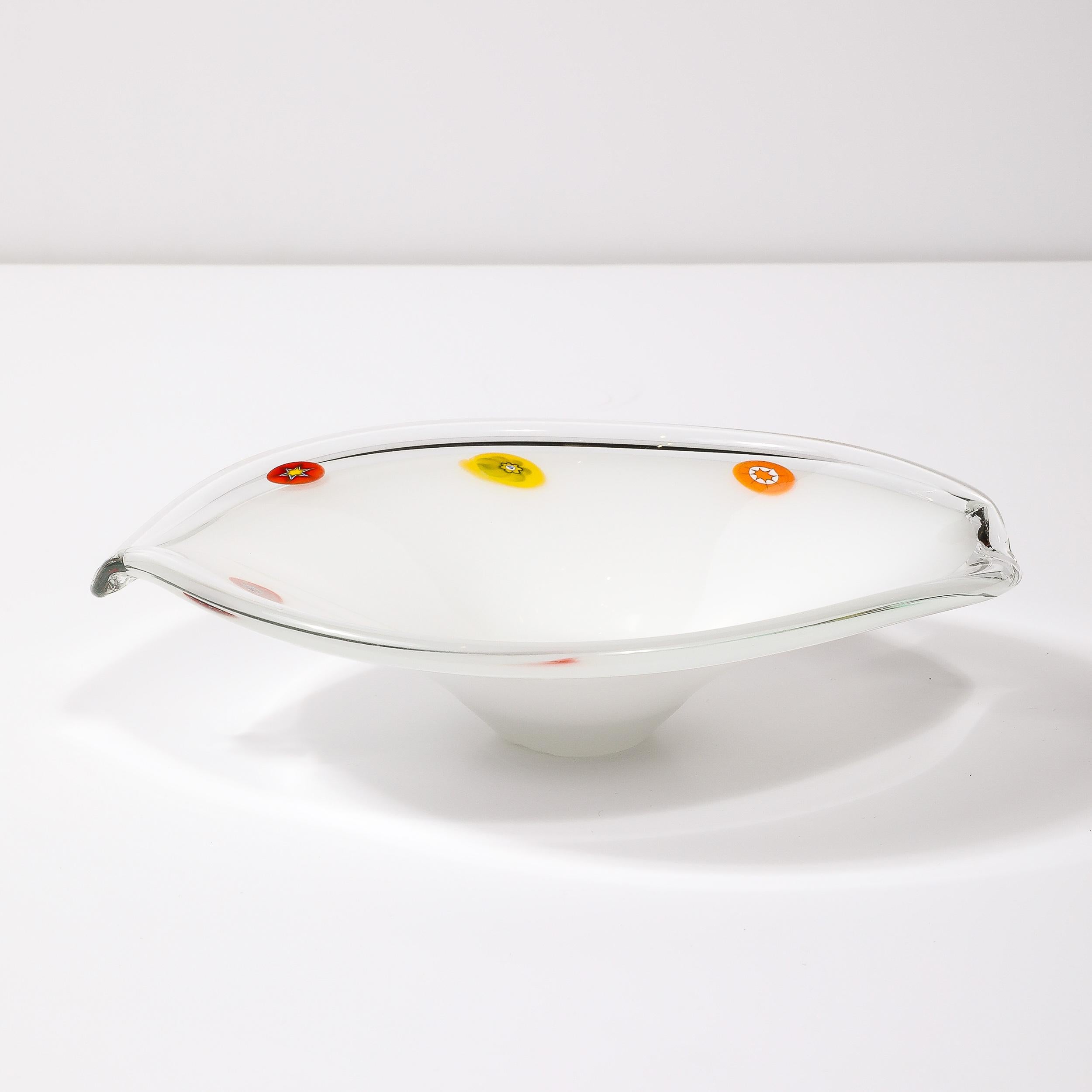Mid-Century Oblong Hand-Blown Murano White w/ Millefiori Detailing Glass Bowl For Sale 5