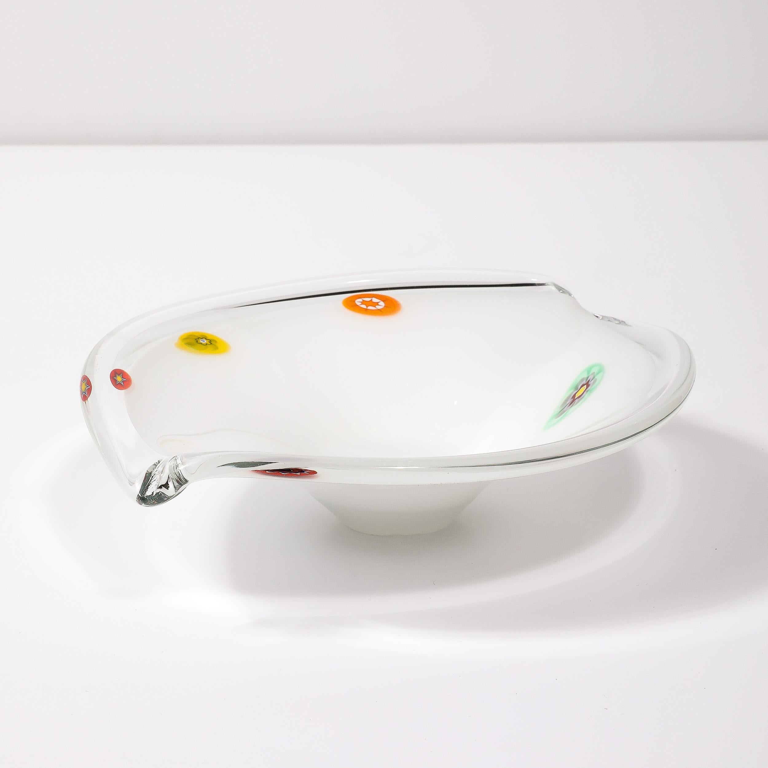 Mid-Century Oblong Hand-Blown Murano White w/ Millefiori Detailing Glass Bowl For Sale 6