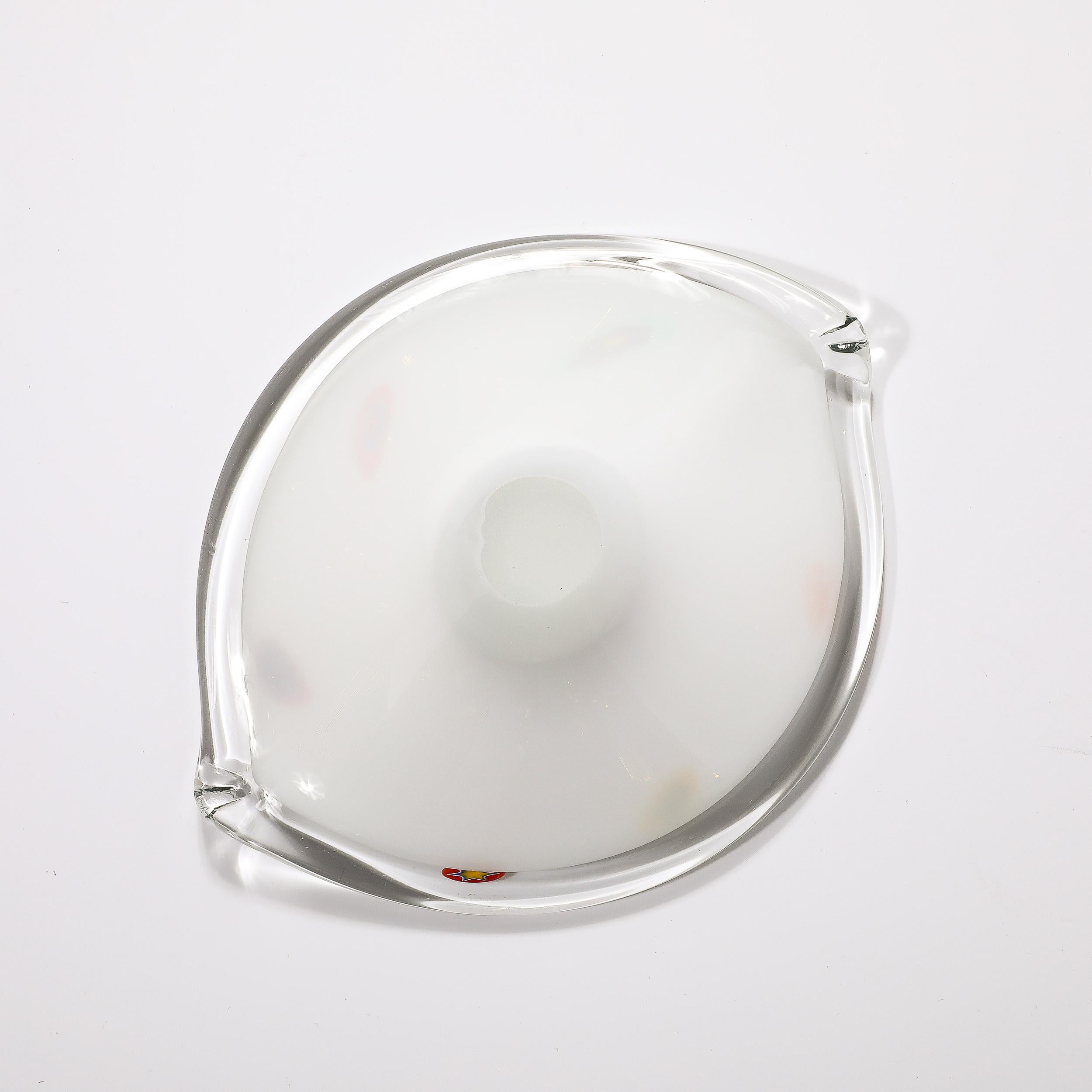 Mid-Century Oblong Hand-Blown Murano White w/ Millefiori Detailing Glass Bowl For Sale 7