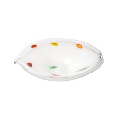 Mid-Century Oblong Hand-Blown Murano White w/ Millefiori Detailing Glass Bowl