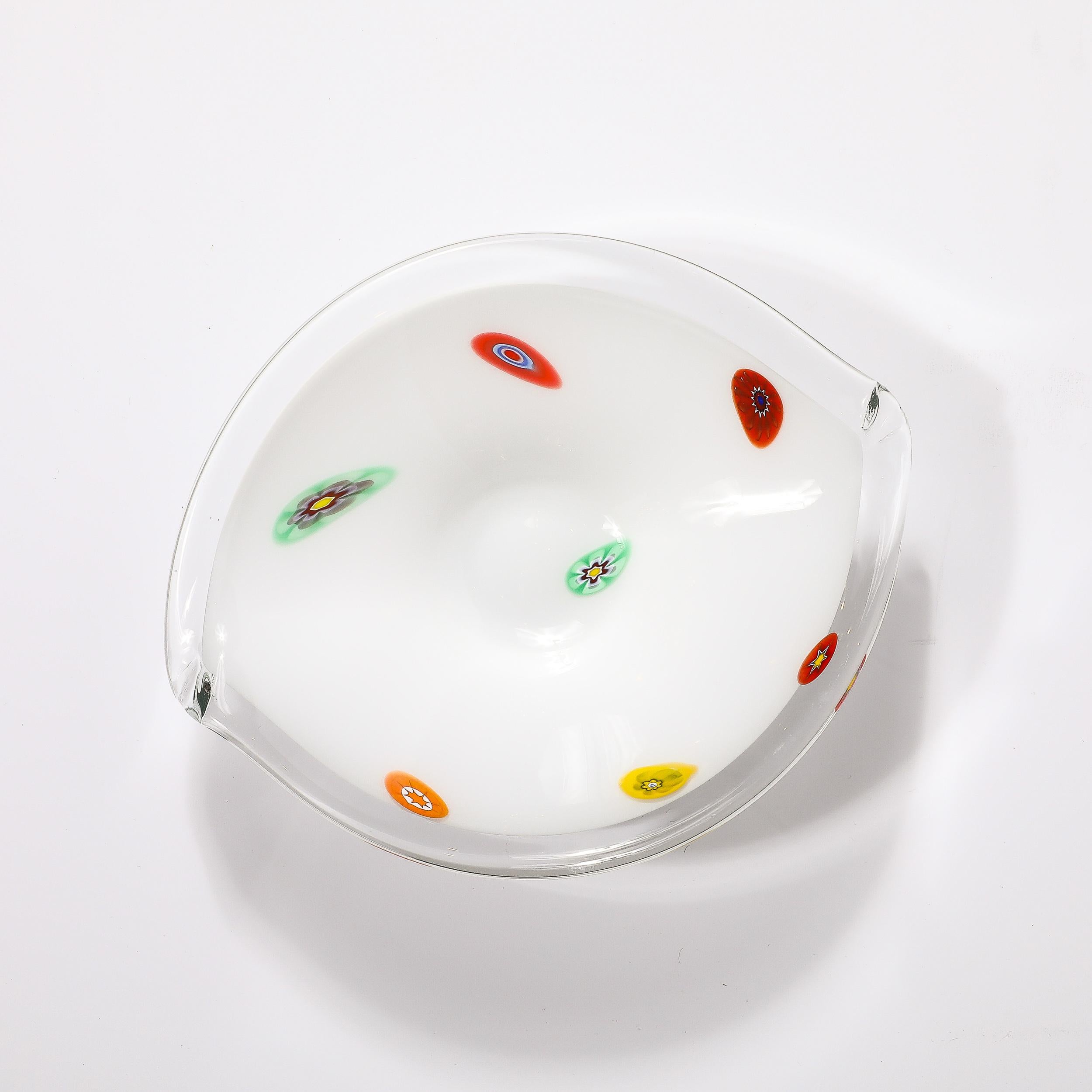 Mid-Century Modern Mid-Century Oblong Hand-Blown Murano White w/ Millefiori Detailing Glass Bowl For Sale