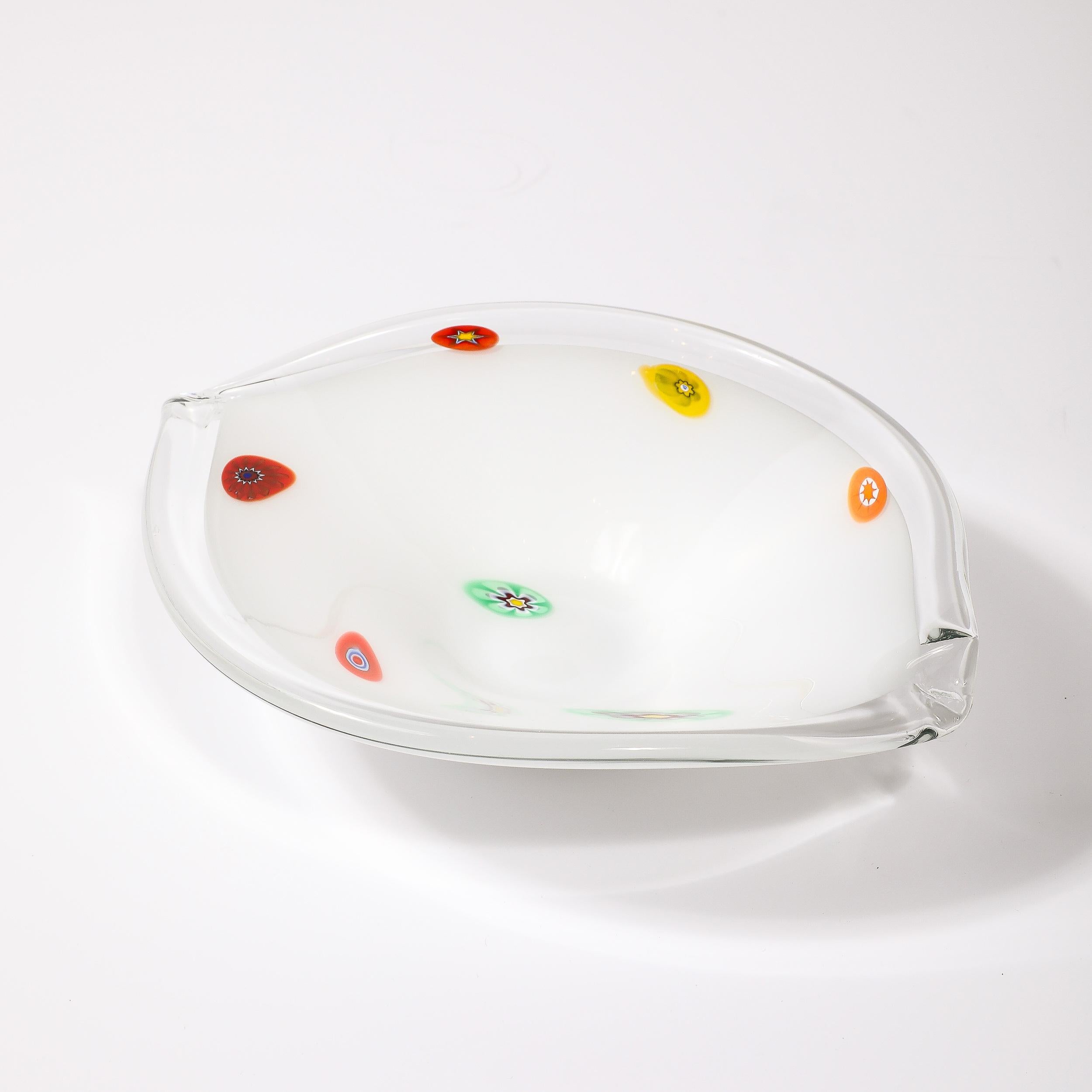 Mid-Century Oblong Hand-Blown Murano White w/ Millefiori Detailing Glass Bowl In Excellent Condition For Sale In New York, NY