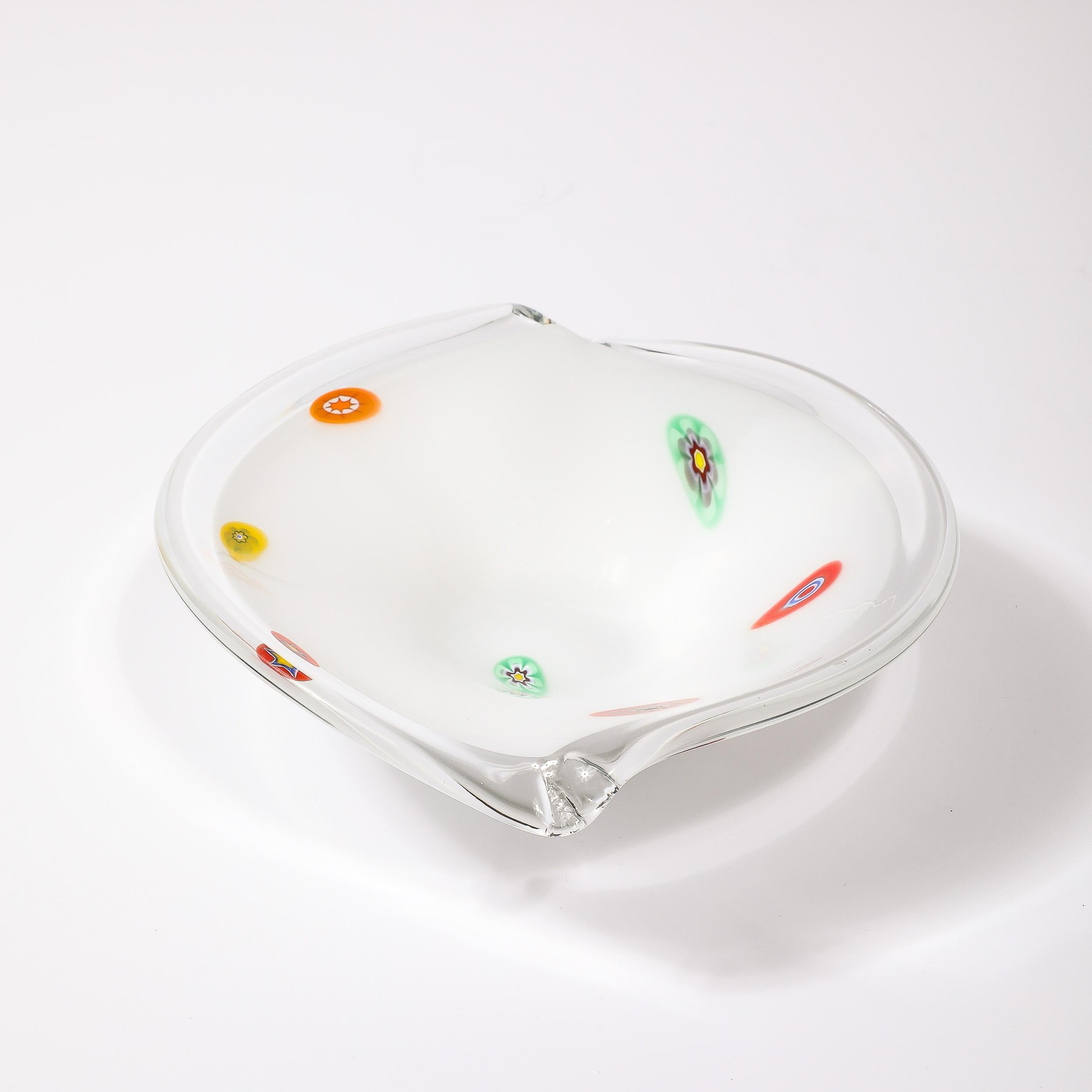 Mid-20th Century Mid-Century Oblong Hand-Blown Murano White w/ Millefiori Detailing Glass Bowl For Sale