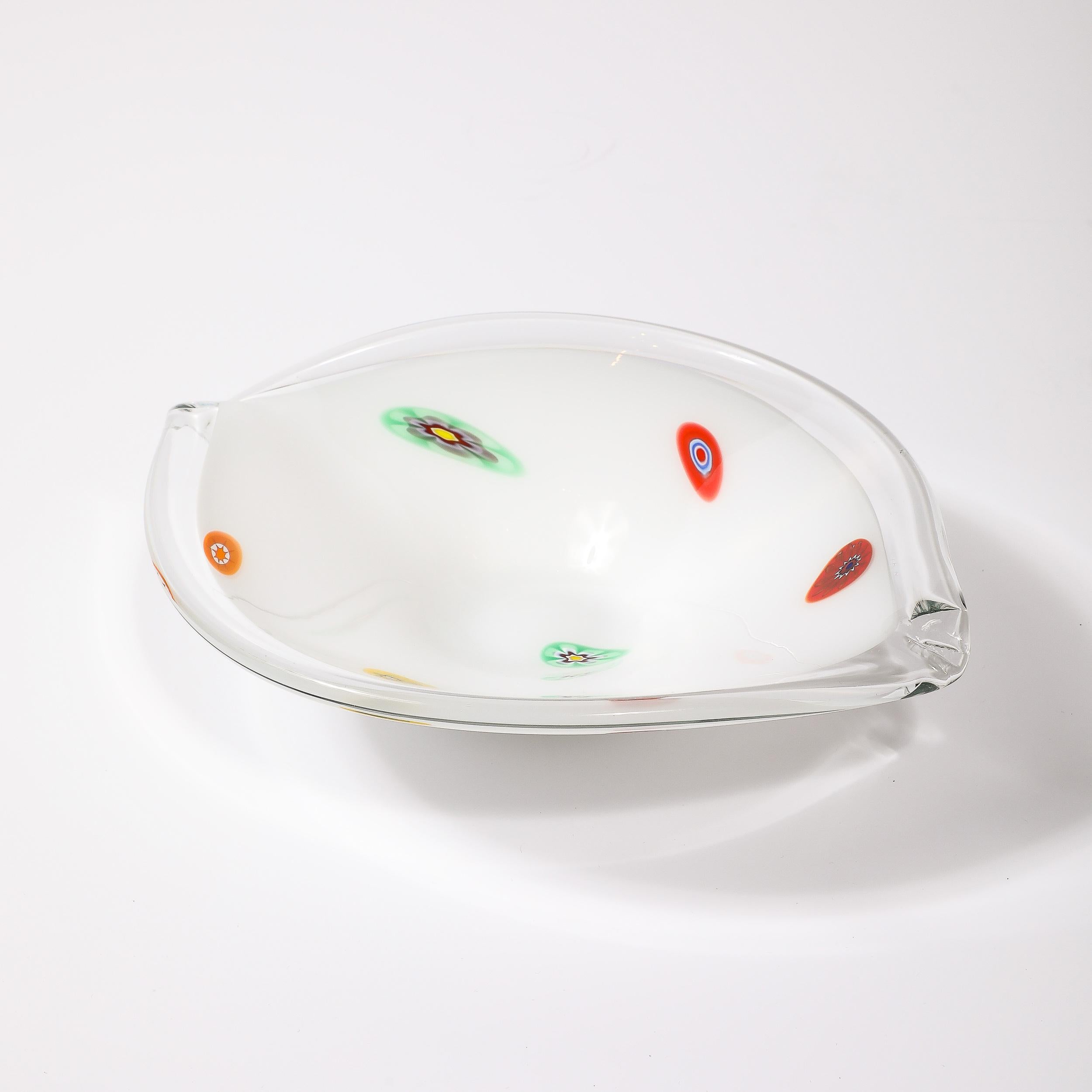 Mid-Century Oblong Hand-Blown Murano White w/ Millefiori Detailing Glass Bowl For Sale 1