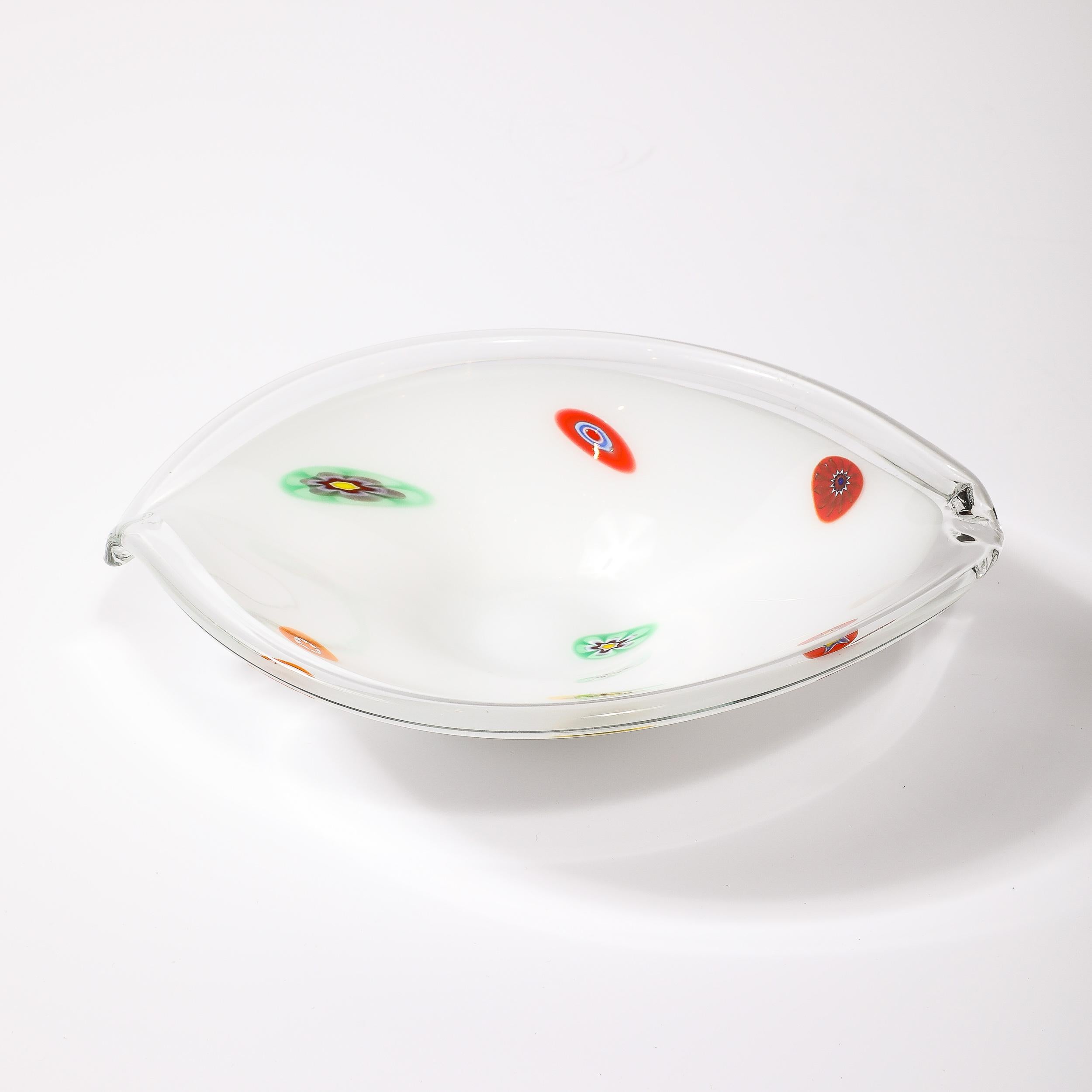 Mid-Century Oblong Hand-Blown Murano White w/ Millefiori Detailing Glass Bowl For Sale 2