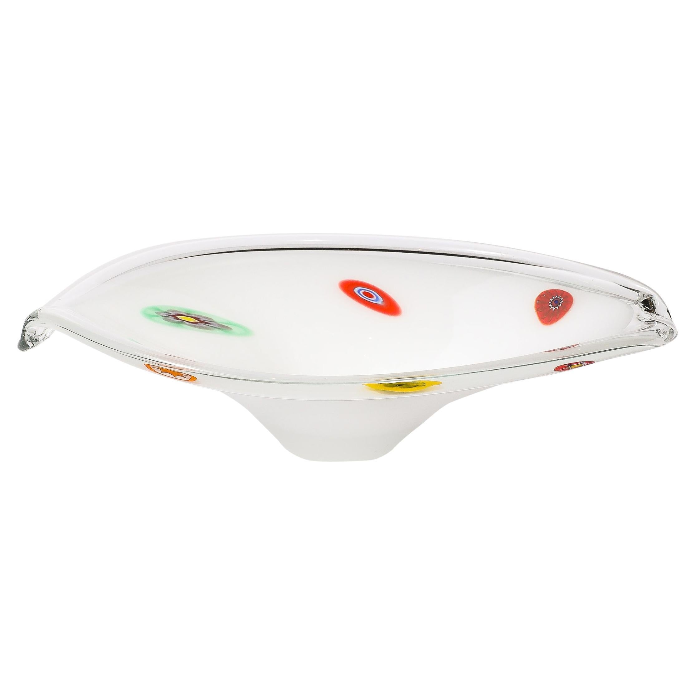 Mid-Century Oblong Hand-Blown Murano White w/ Millefiori Detailing Glass Bowl