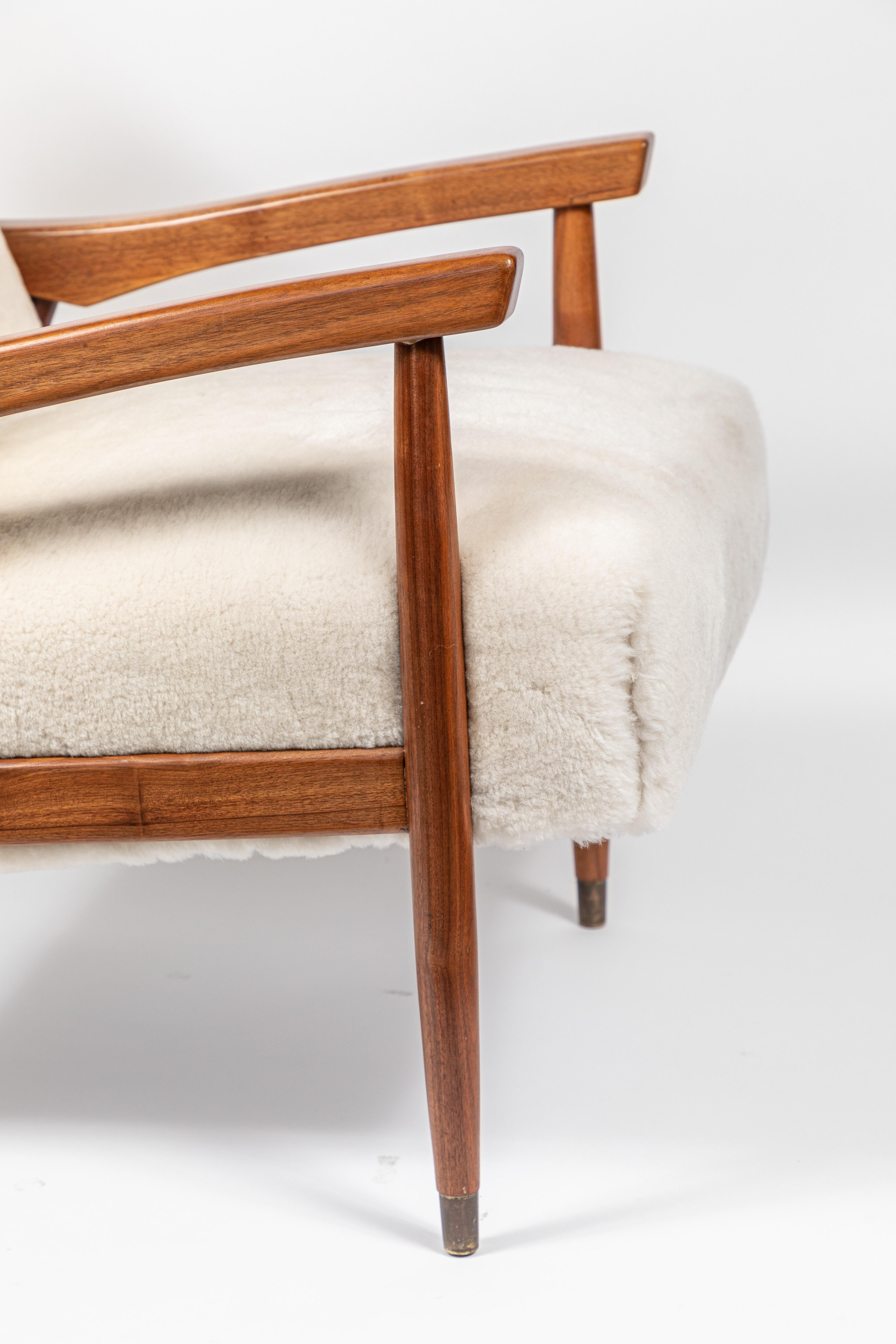 Mid Century Occasional Chair, Newly Upholstered in White Shearling In Excellent Condition In Pasadena, CA