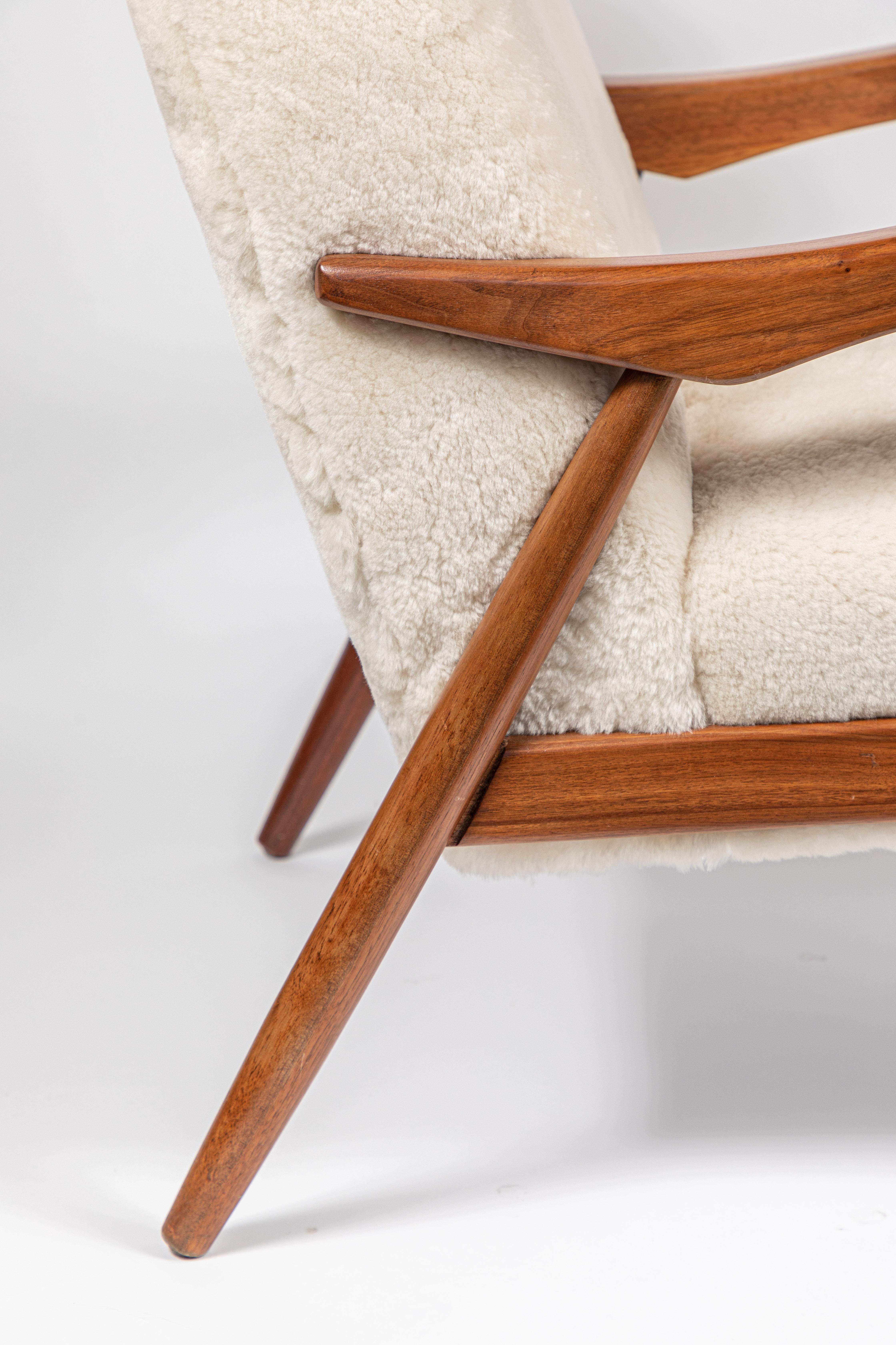 Sheepskin Mid Century Occasional Chair, Newly Upholstered in White Shearling