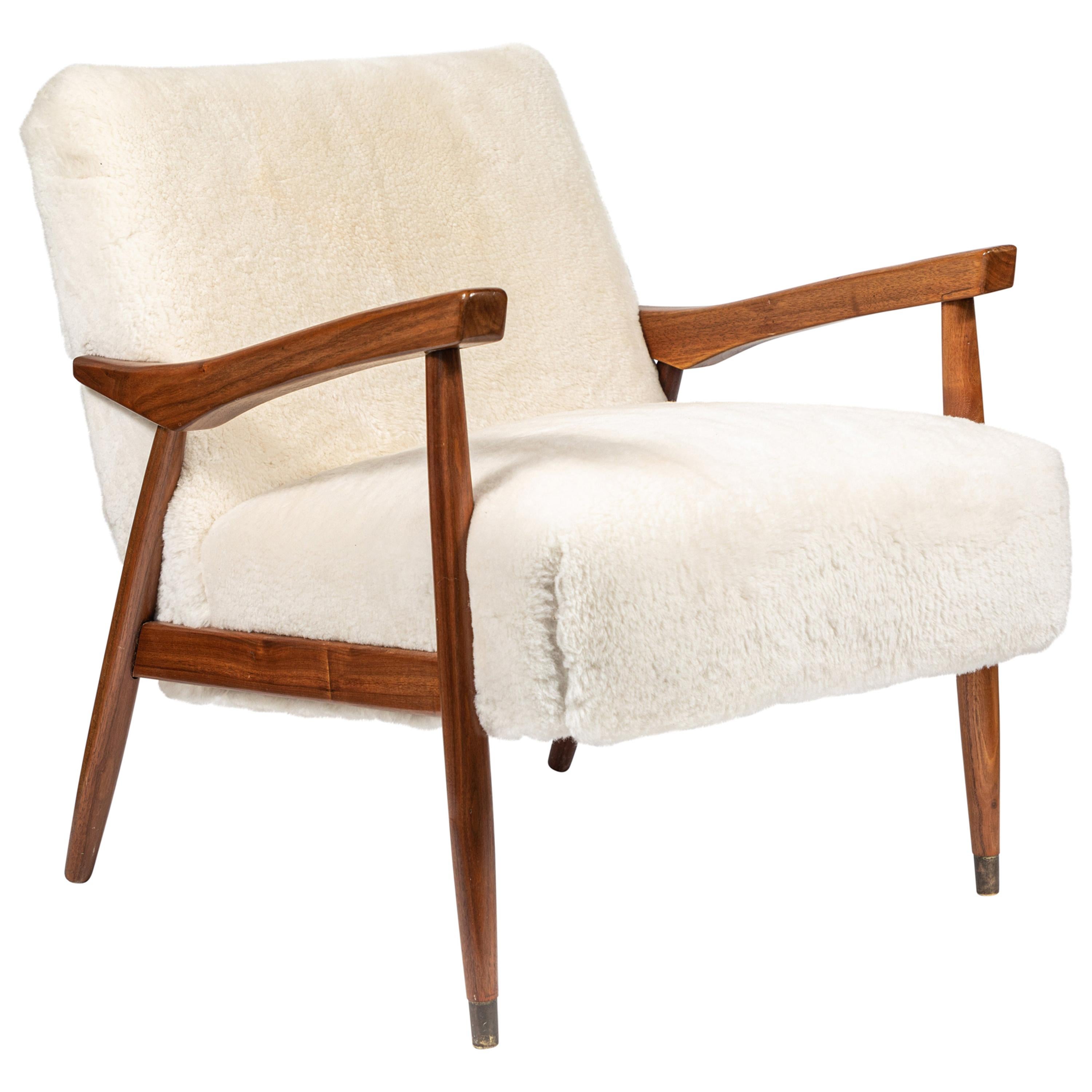 Mid Century Occasional Chair, Newly Upholstered in White Shearling