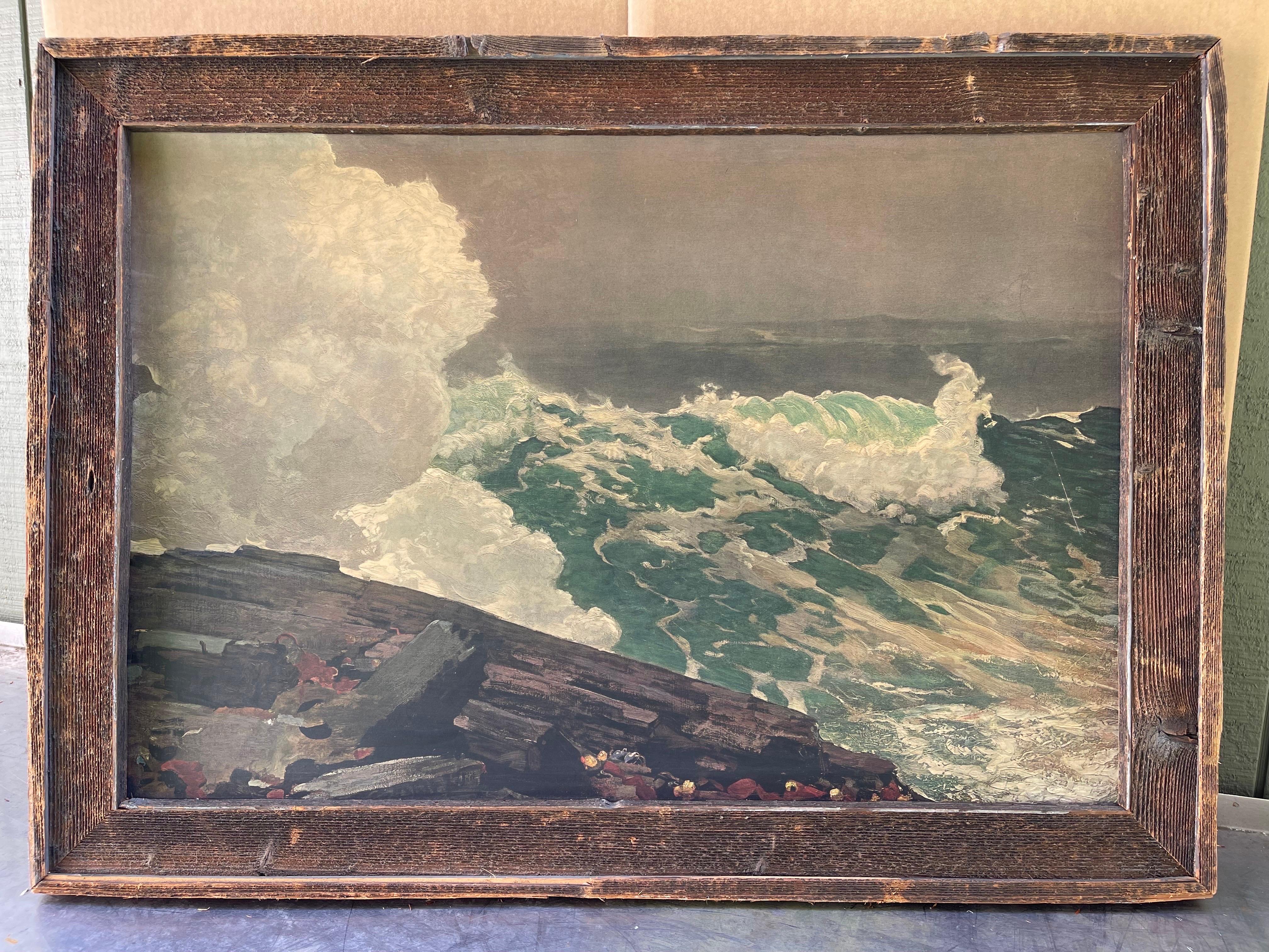 Mid Century Ocean Serigraphie Druck auf Karton in Barwood Frame. Rustikal 
Abmessungen: Höhe: 31 Zoll (78,74 cm)Breite: 42,5 Zoll (107,95 cm)Tiefe: 1,75 Zoll (4,45 cm)
Stil: Rustikal (In the Style Of)
MATERIALIEN und TECHNIKEN: Masonit, Papier,
