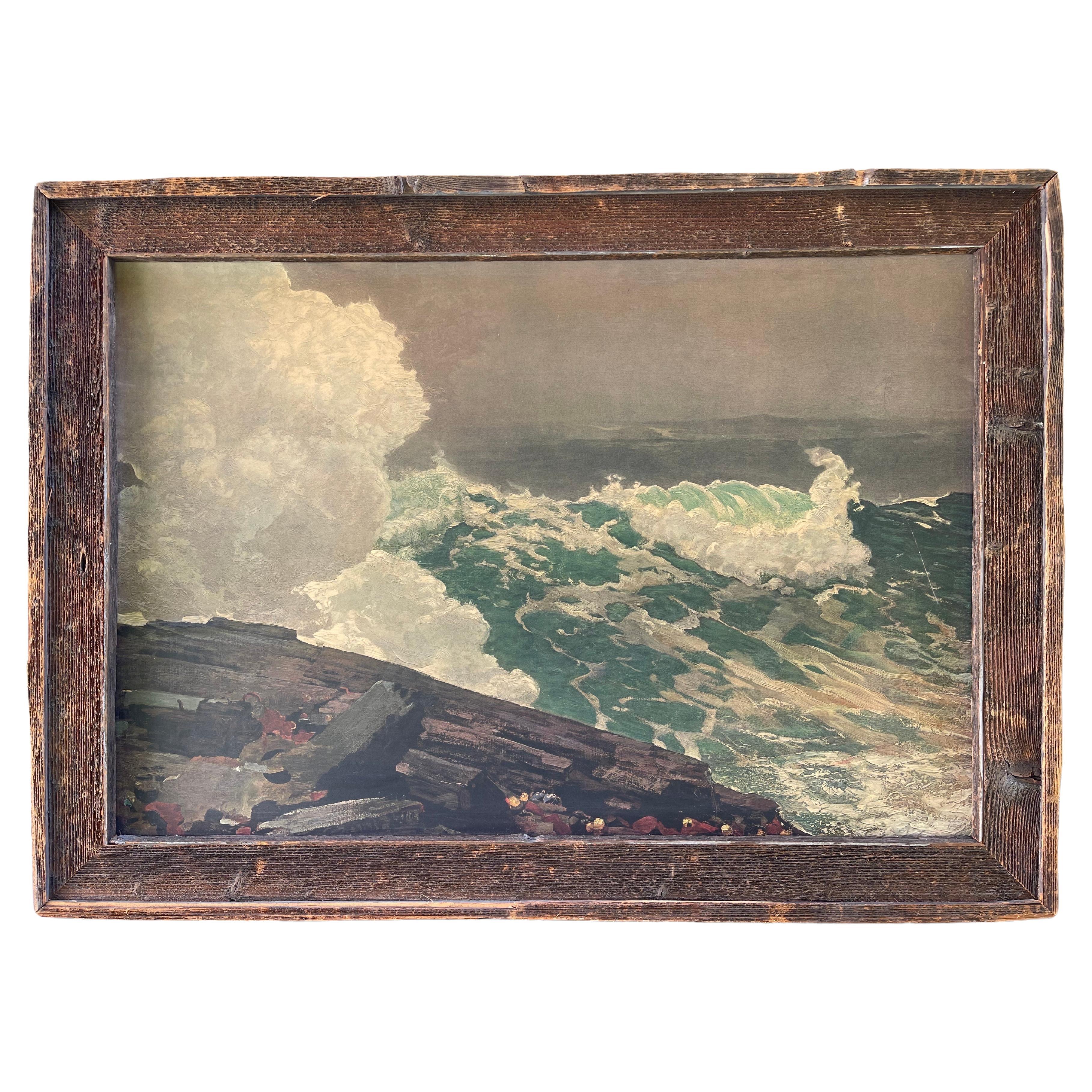 Mid Century Ocean Serigraph Print on Cardboard in Barnwood Frame