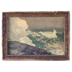 Mid Century Ocean Serigraph Print on Cardboard in Barnwood Frame