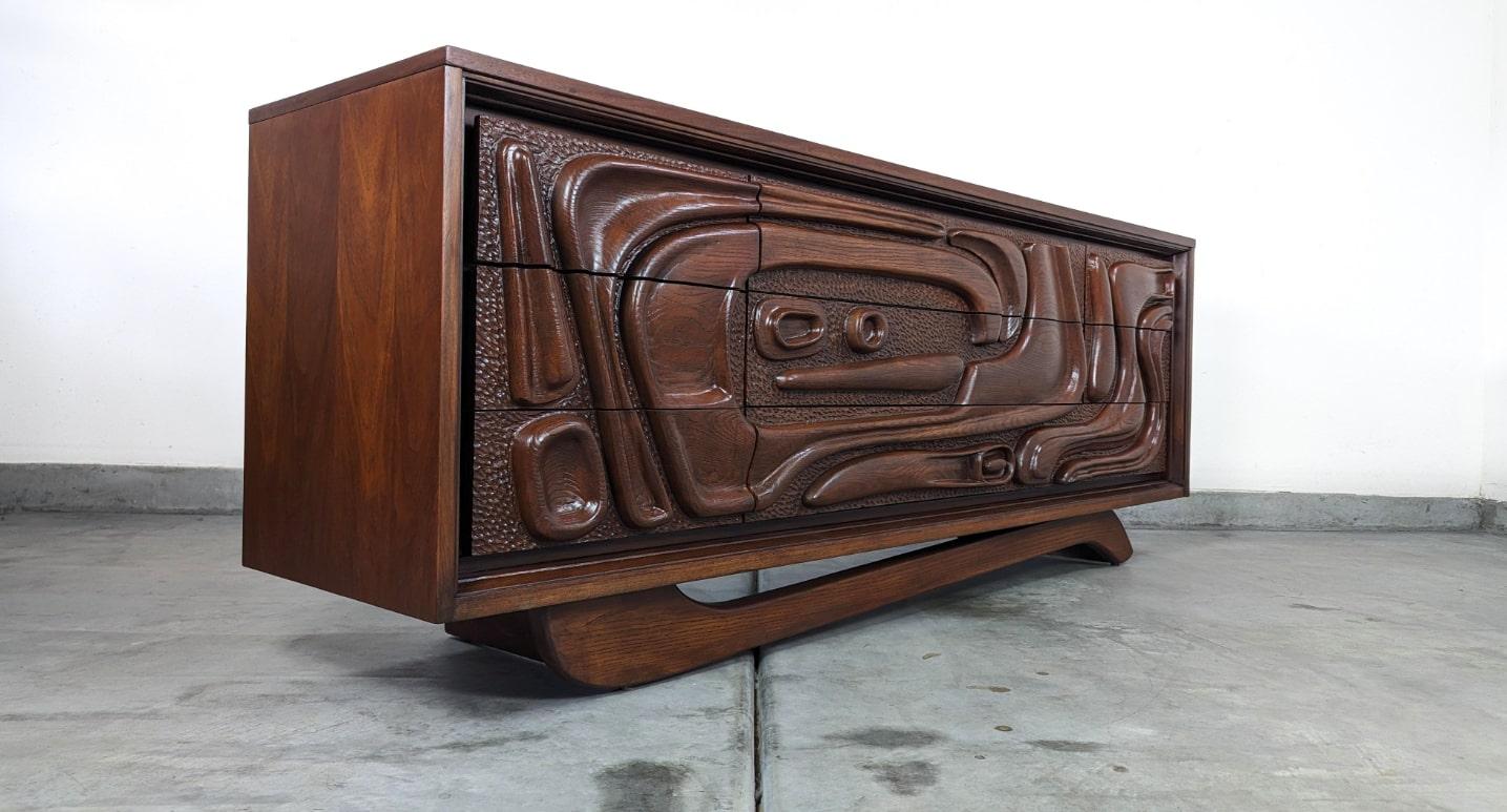 American Mid Century 'Oceanic' Sculpted Walnut Dresser by Pulaski Furniture Corp, c1960s For Sale