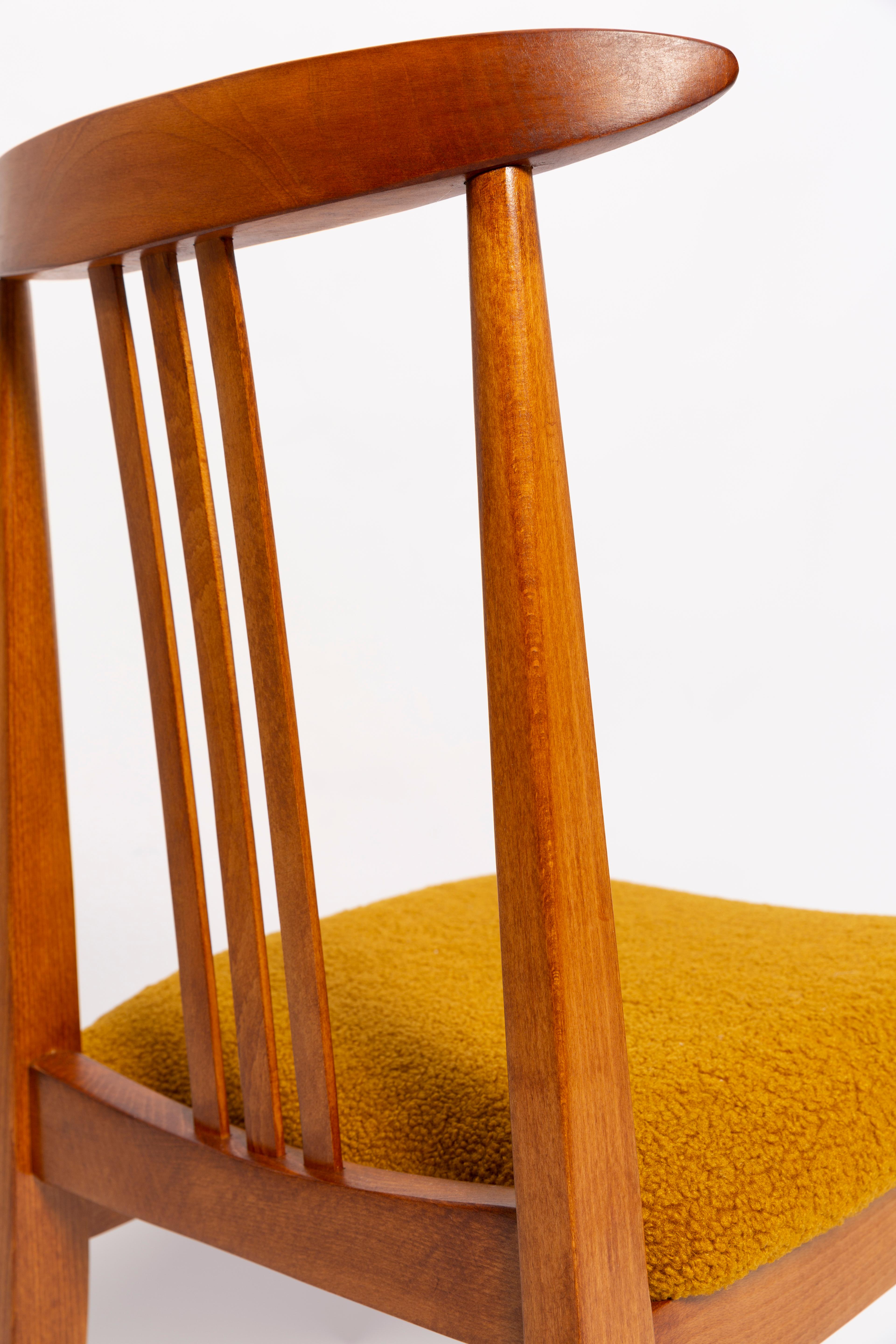 Hand-Crafted Mid-Century Ochre Boucle Chair, Medium Wood, M. Zielinski, Europe 1960s For Sale
