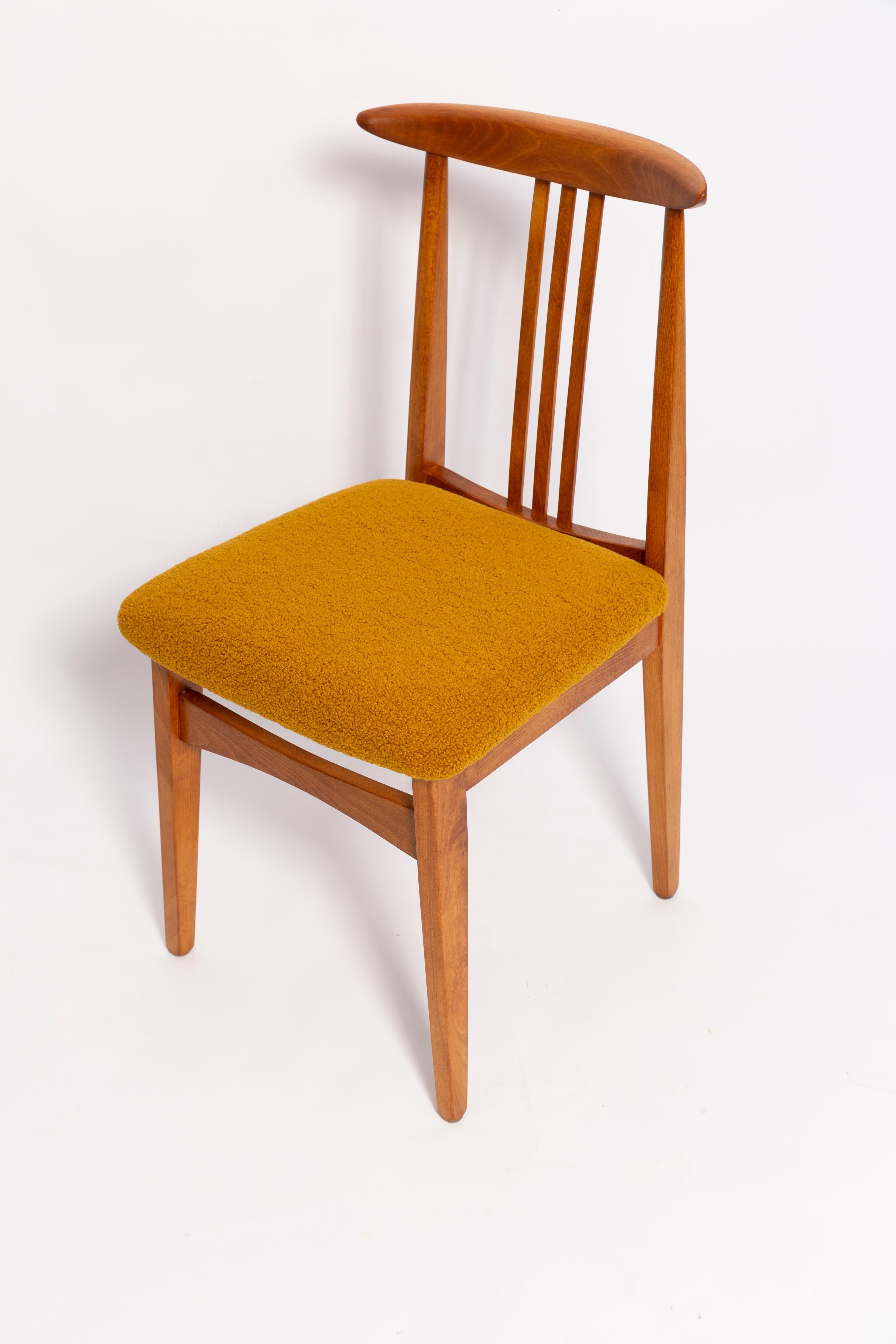 Bouclé Mid-Century Ochre Boucle Chair, Medium Wood, M. Zielinski, Europe 1960s For Sale