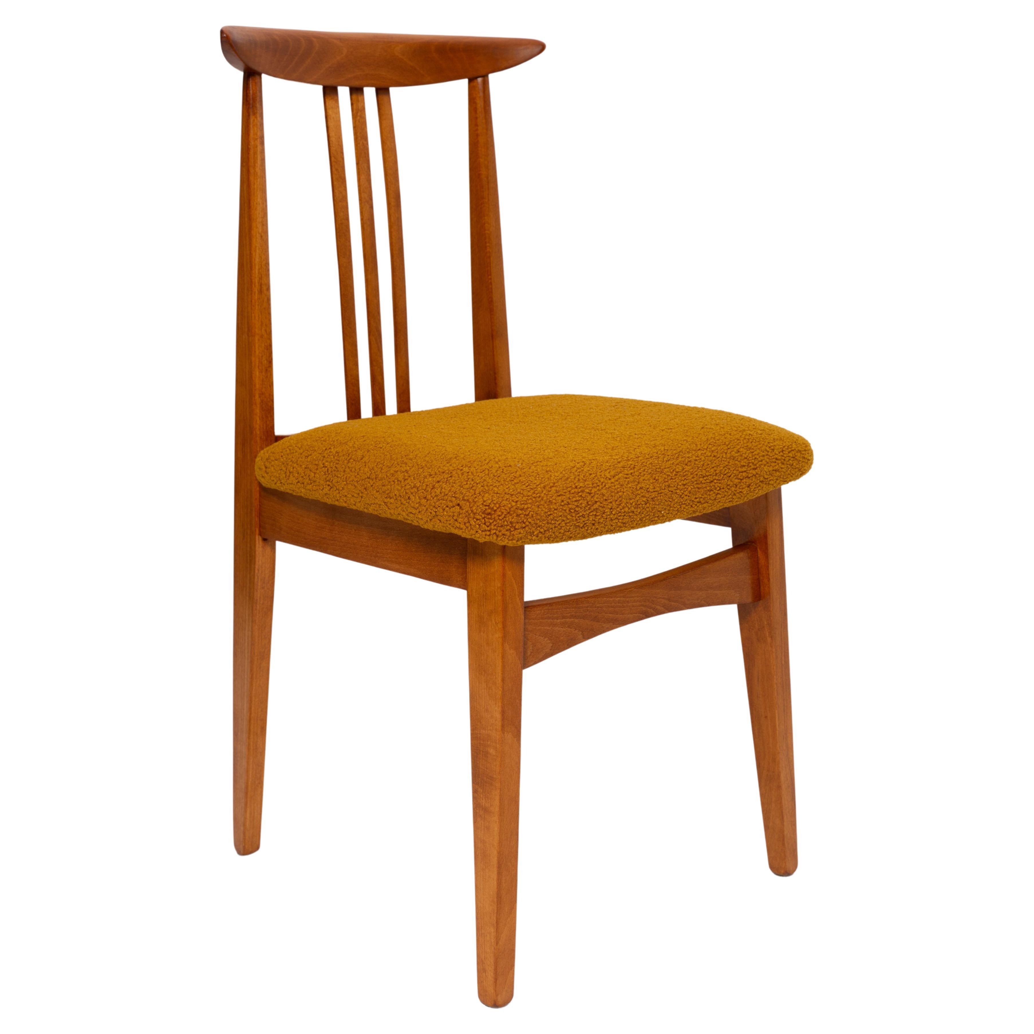 Mid-Century Ochre Boucle Chair, Medium Wood, M. Zielinski, Europe 1960s For Sale