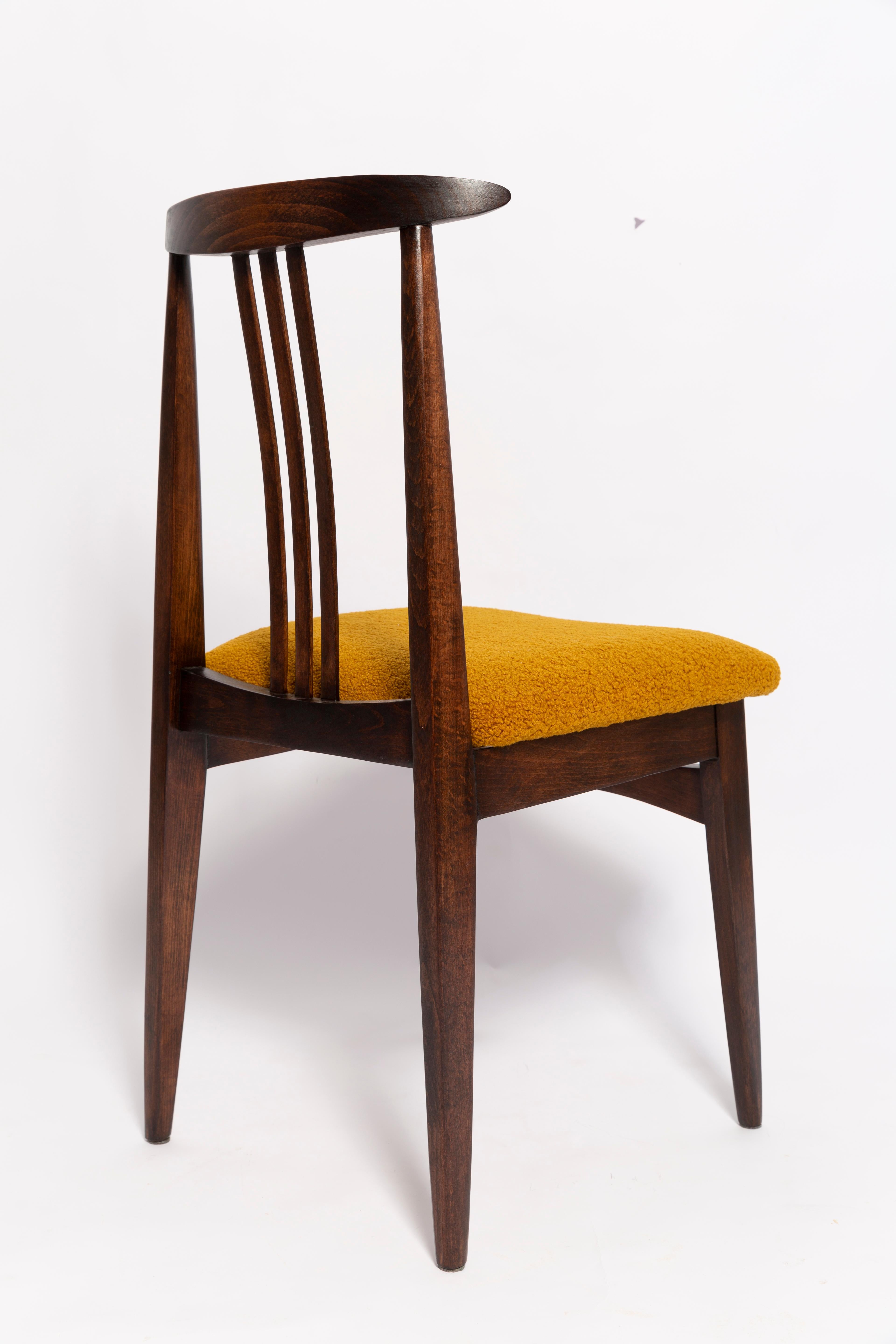 Polish Mid-Century Ochre Boucle Chair, Walnut Wood, M. Zielinski, Europe, 1960s For Sale