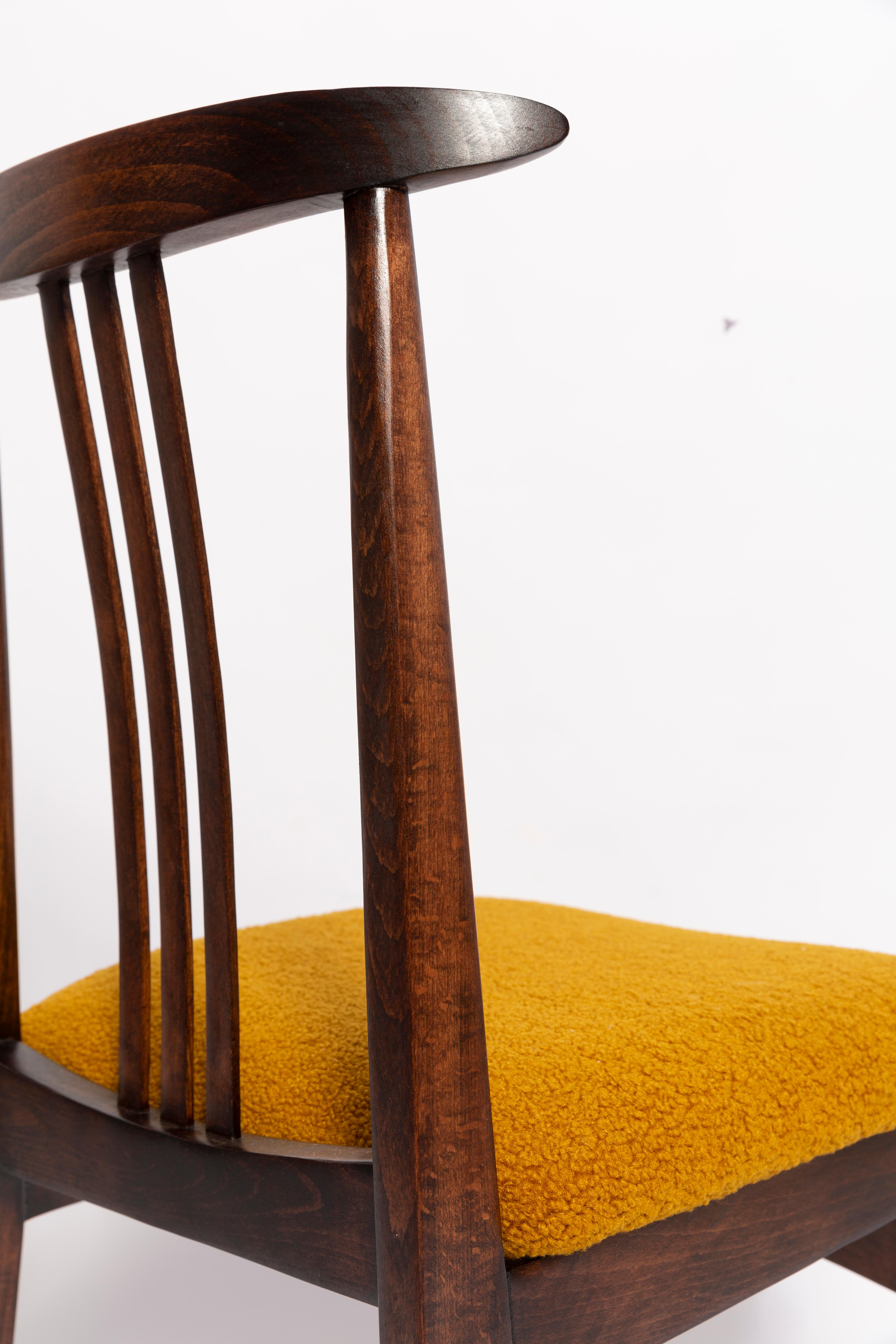 Hand-Crafted Mid-Century Ochre Boucle Chair, Walnut Wood, M. Zielinski, Europe, 1960s For Sale