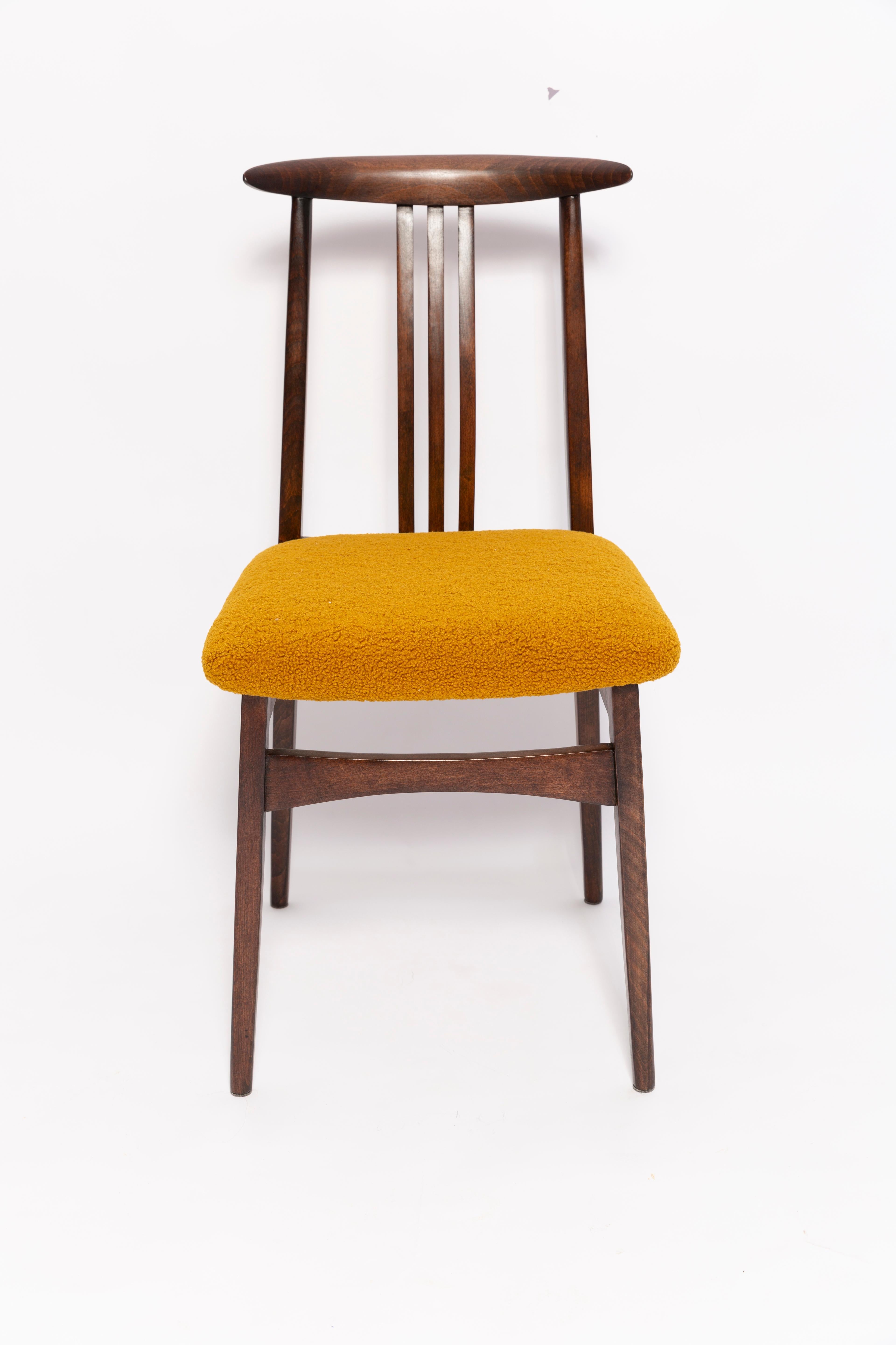 Bouclé Mid-Century Ochre Boucle Chair, Walnut Wood, M. Zielinski, Europe, 1960s For Sale