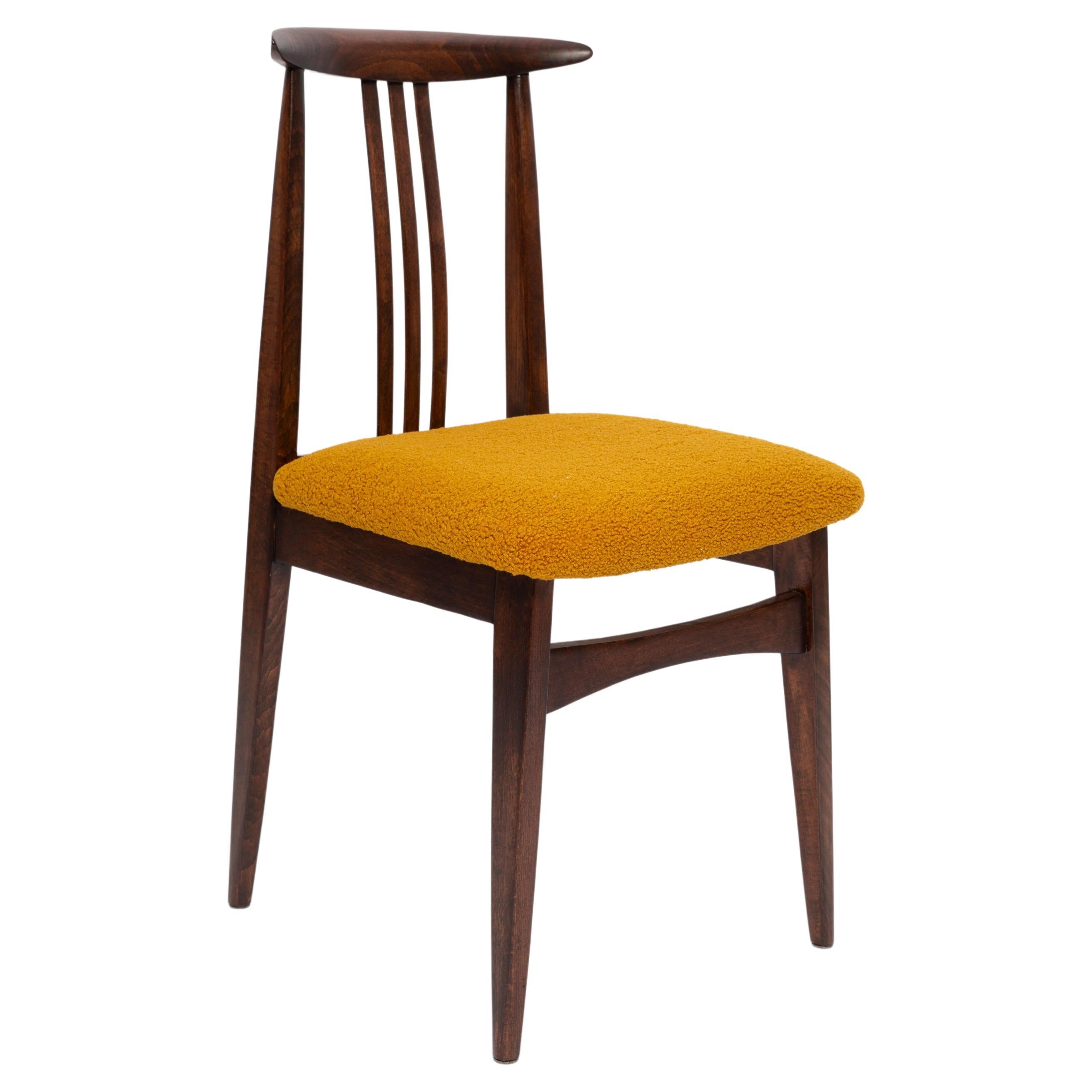 Mid-Century Ochre Boucle Chair, Walnut Wood, M. Zielinski, Europe, 1960s