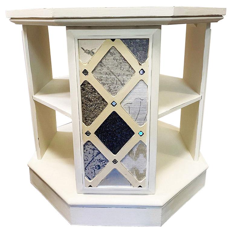 Midcentury Octagon White Painted and Decoupaged End Table For Sale
