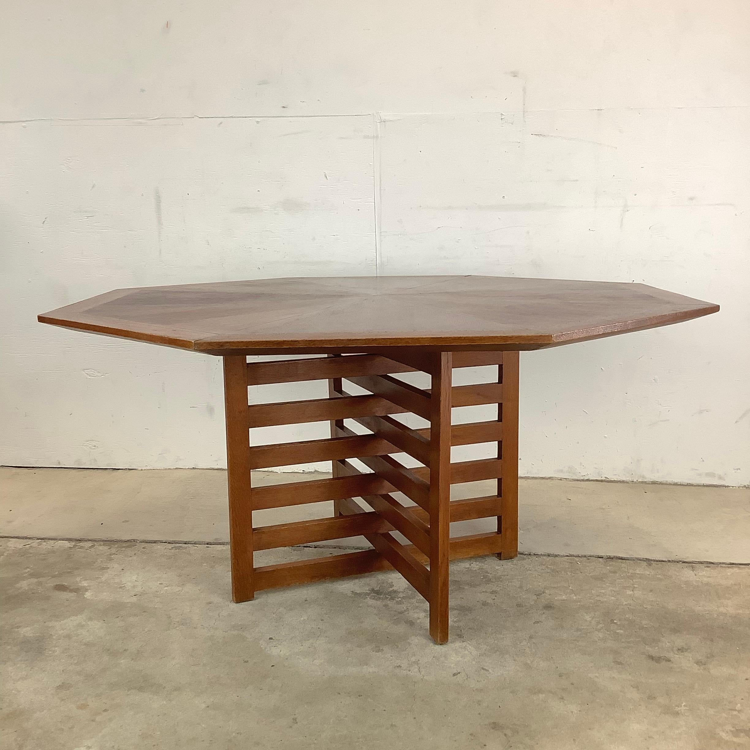 This impressive Mid-Century Modern octagonal game table with iconic geometric design attributed to Harvey Probber makes a STUNNING center piece to any interior from kitchen, to parlor, or sitting room. The eye-catching design of the cross hatch base