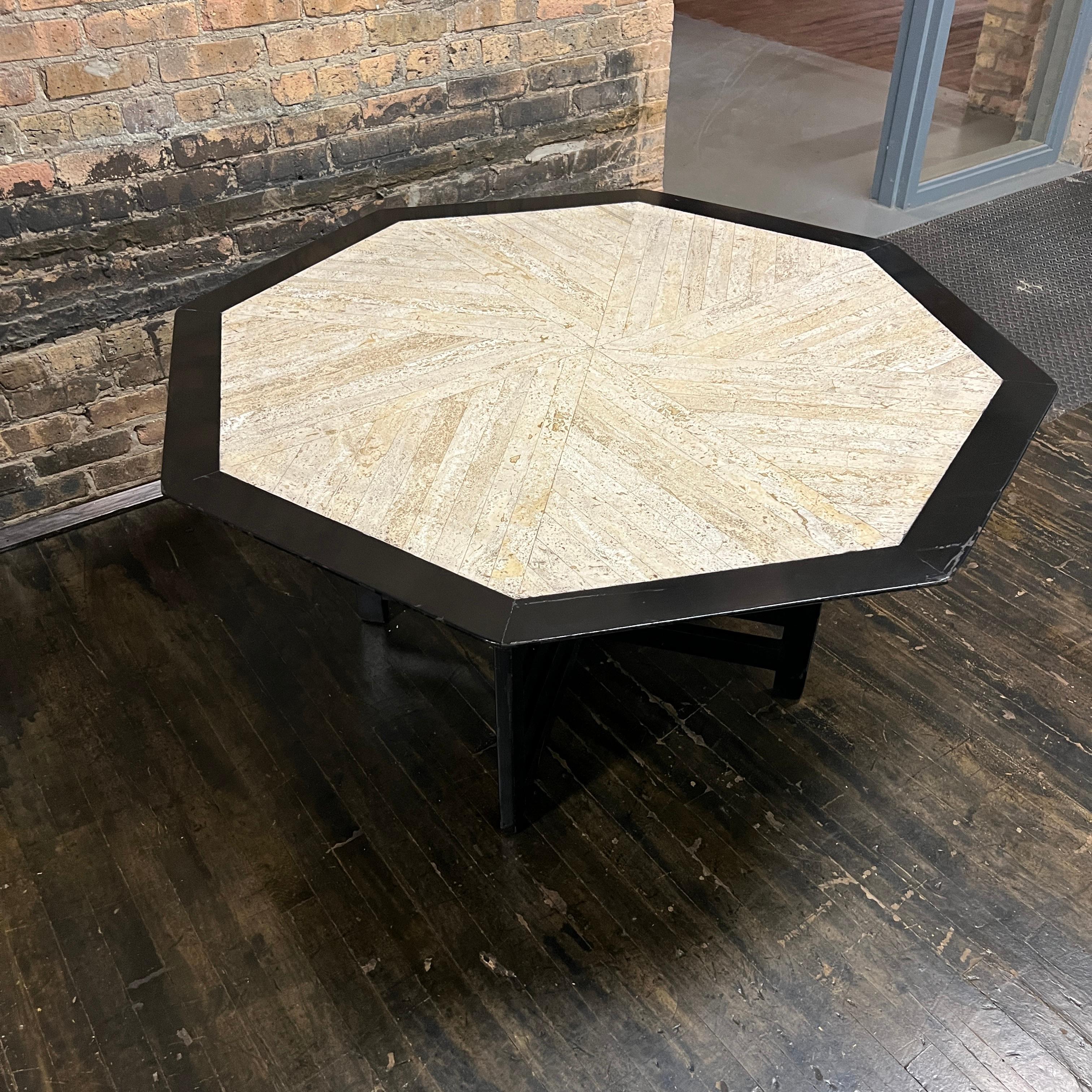Mid-Century Modern Mid-Century Octagonal Harvey Probber Travertine and Ebonized Wood Table For Sale