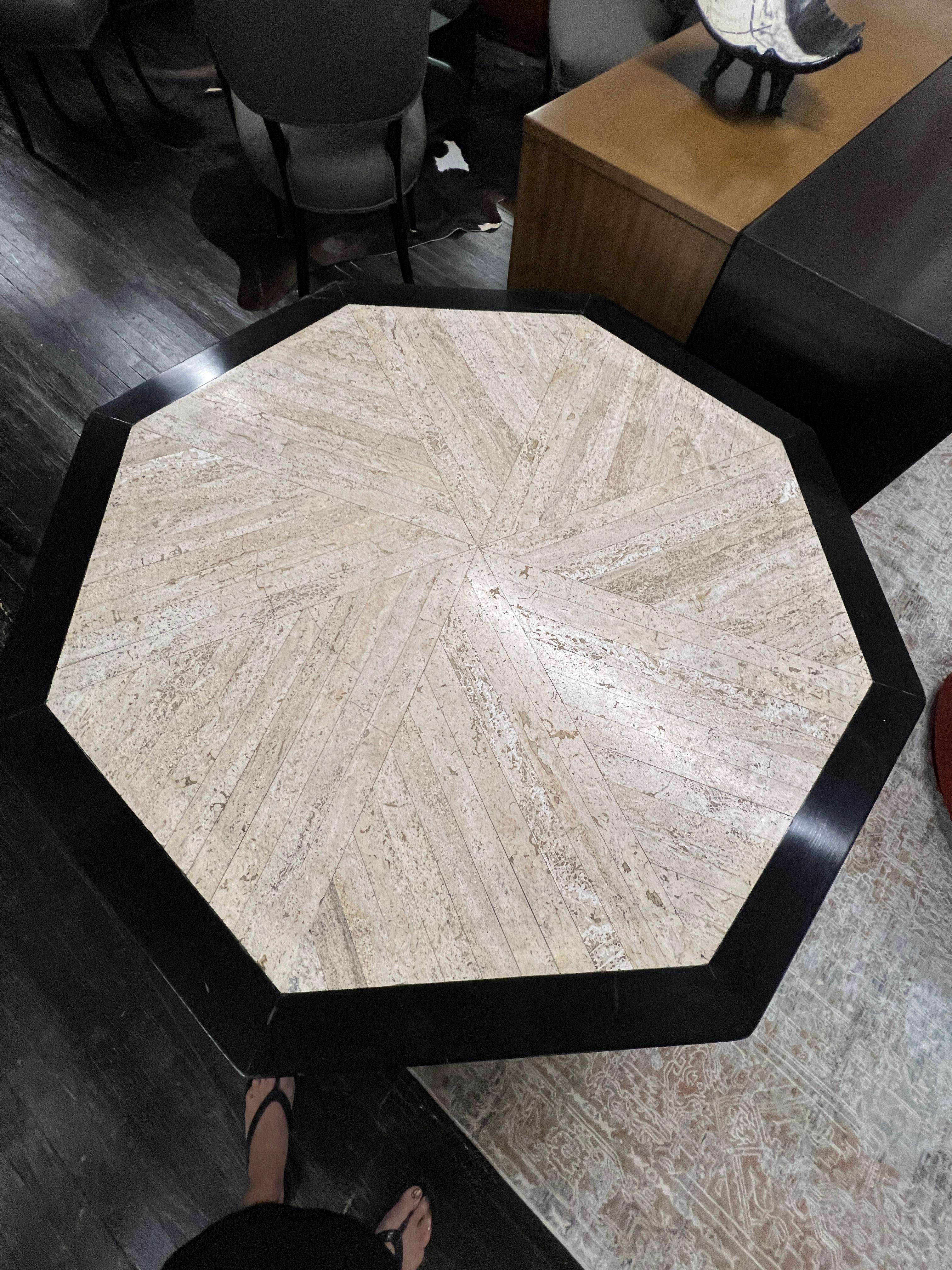 American Mid-Century Octagonal Harvey Probber Travertine and Ebonized Wood Table For Sale