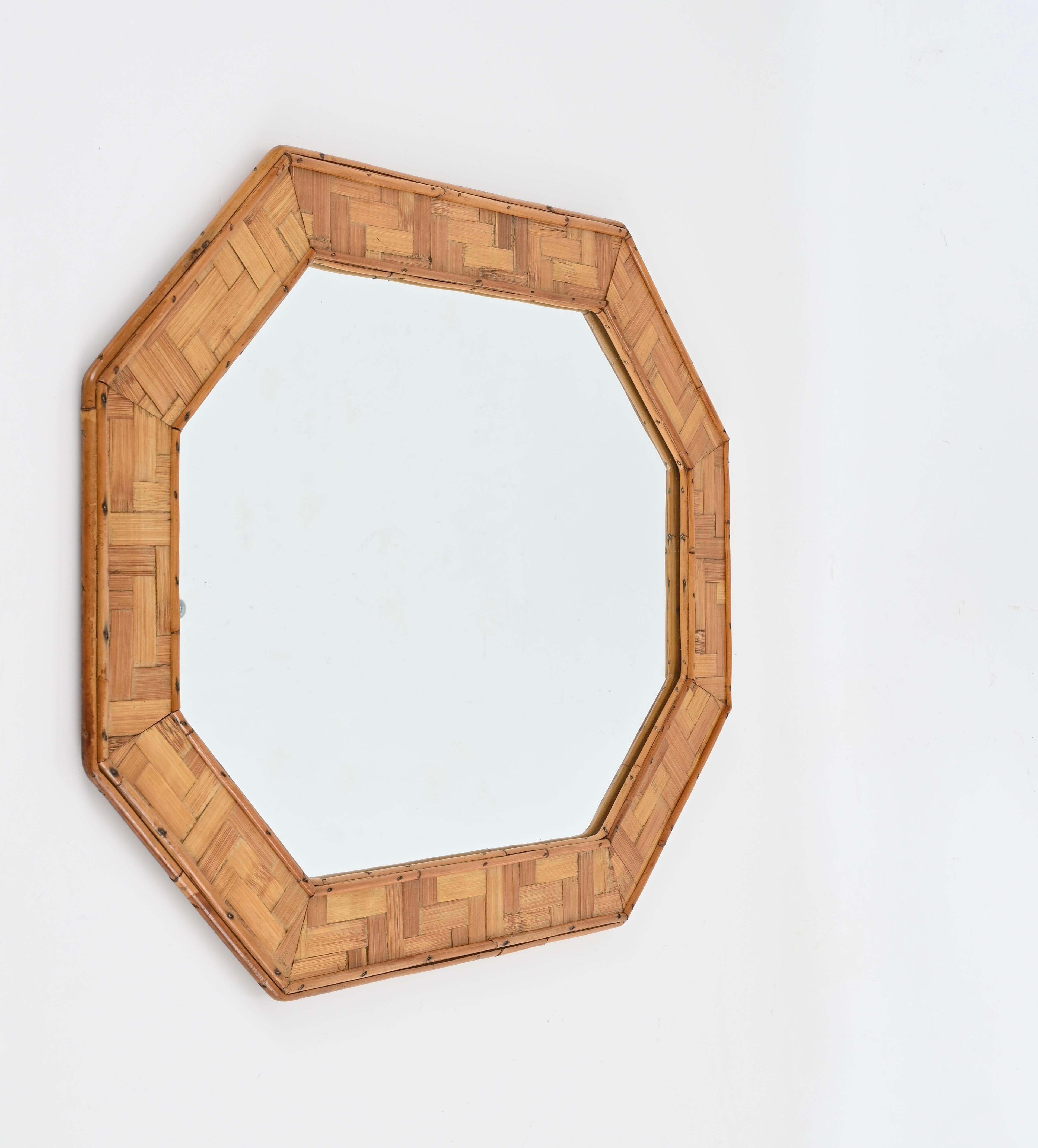 Mid-Century Octagonal Mirror in Bamboo and Woven Rattan Italian, 1960s 6