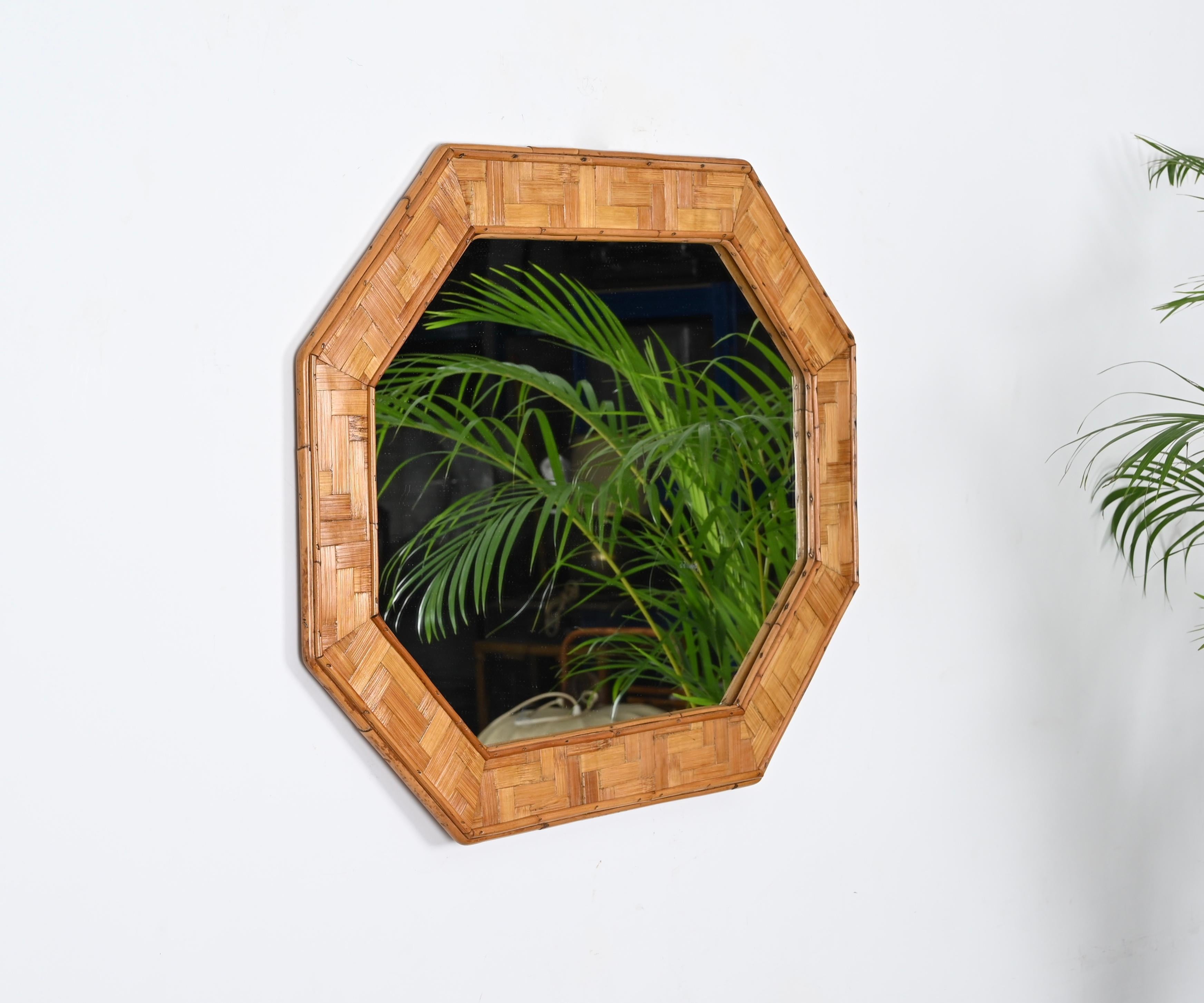 Hand-Crafted Mid-Century Octagonal Mirror in Bamboo and Woven Rattan Italian, 1960s