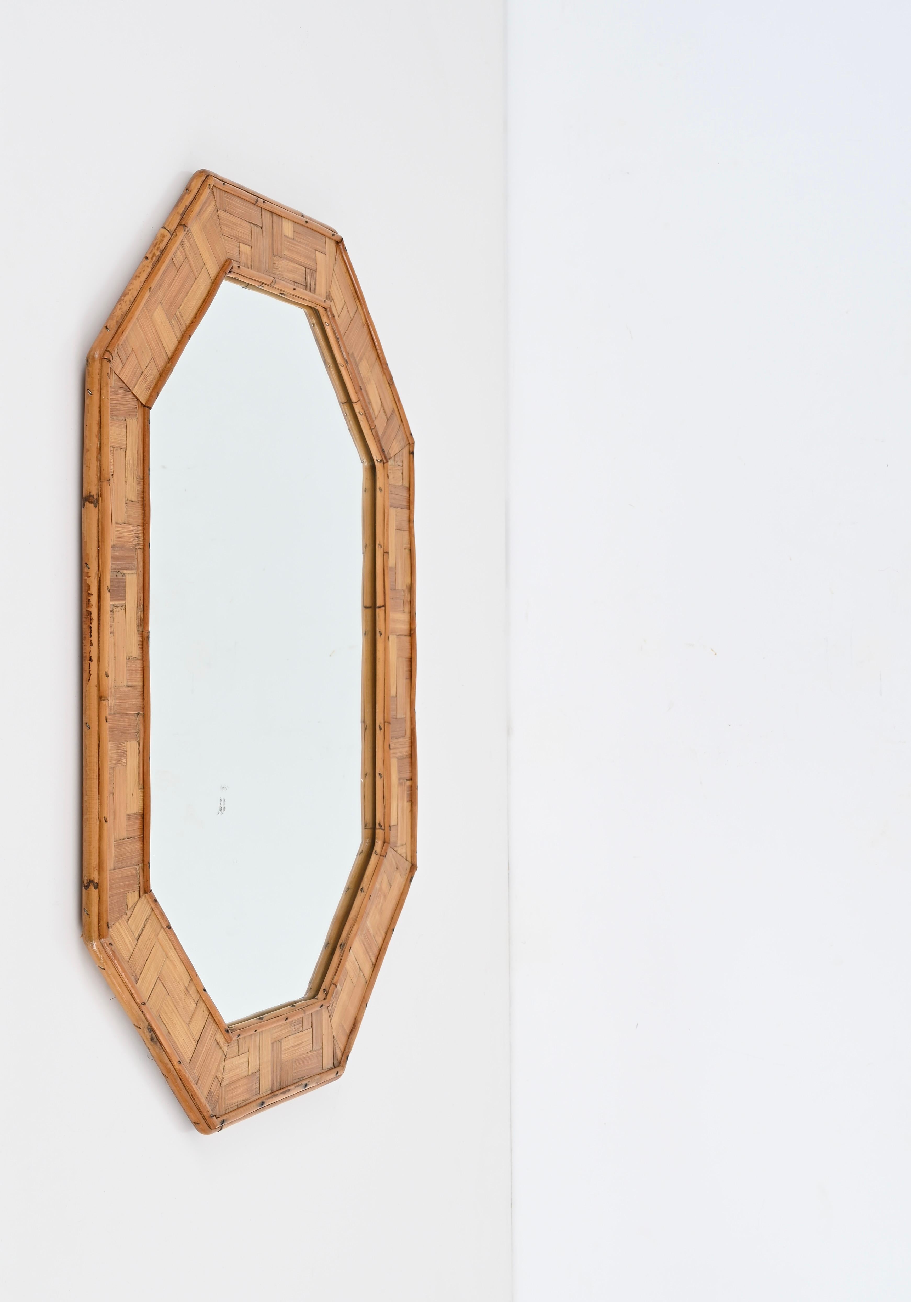 Mid-Century Octagonal Mirror in Bamboo and Woven Rattan Italian, 1960s 1