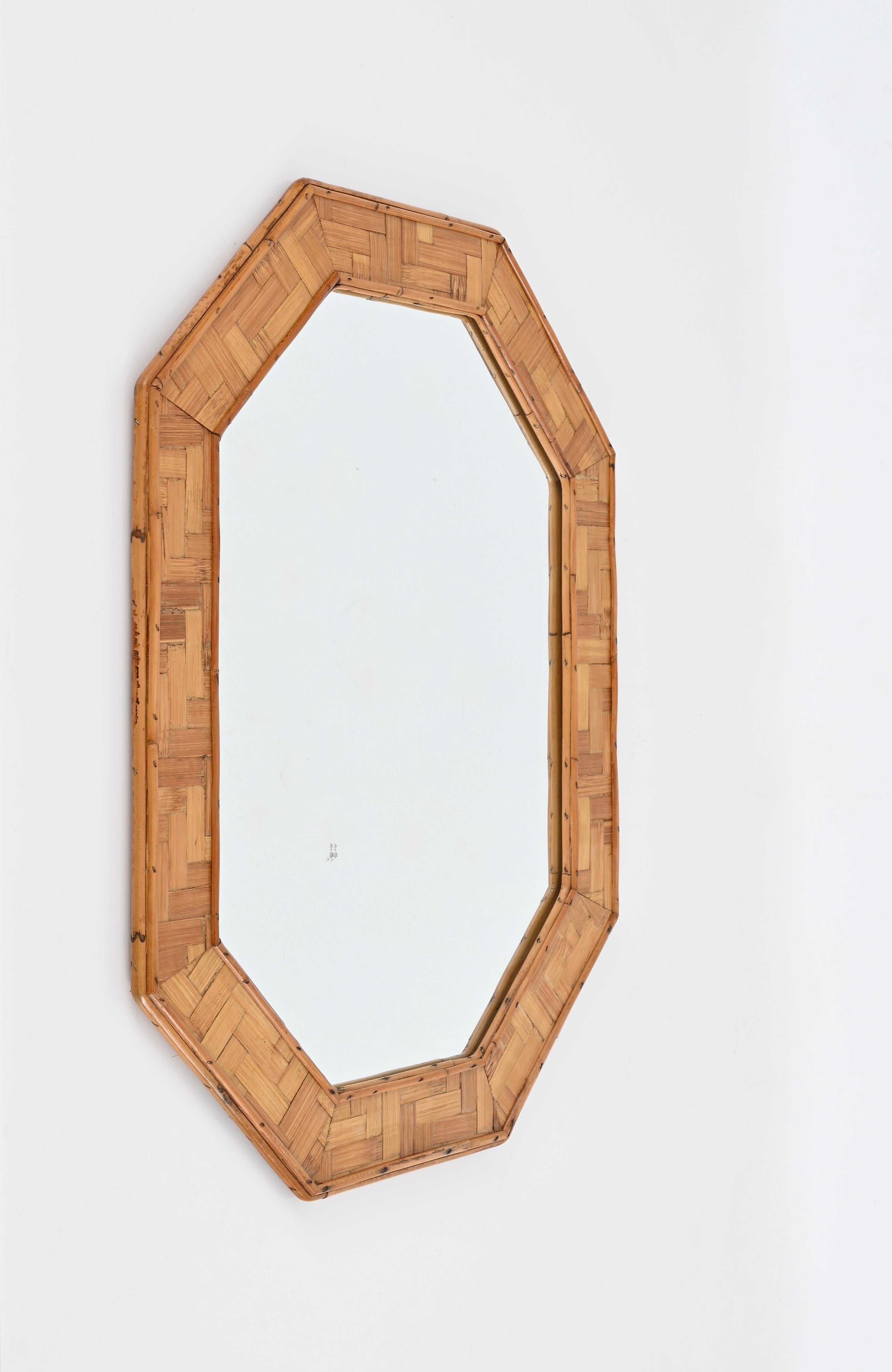 Mid-Century Octagonal Mirror in Bamboo and Woven Rattan Italian, 1960s 2