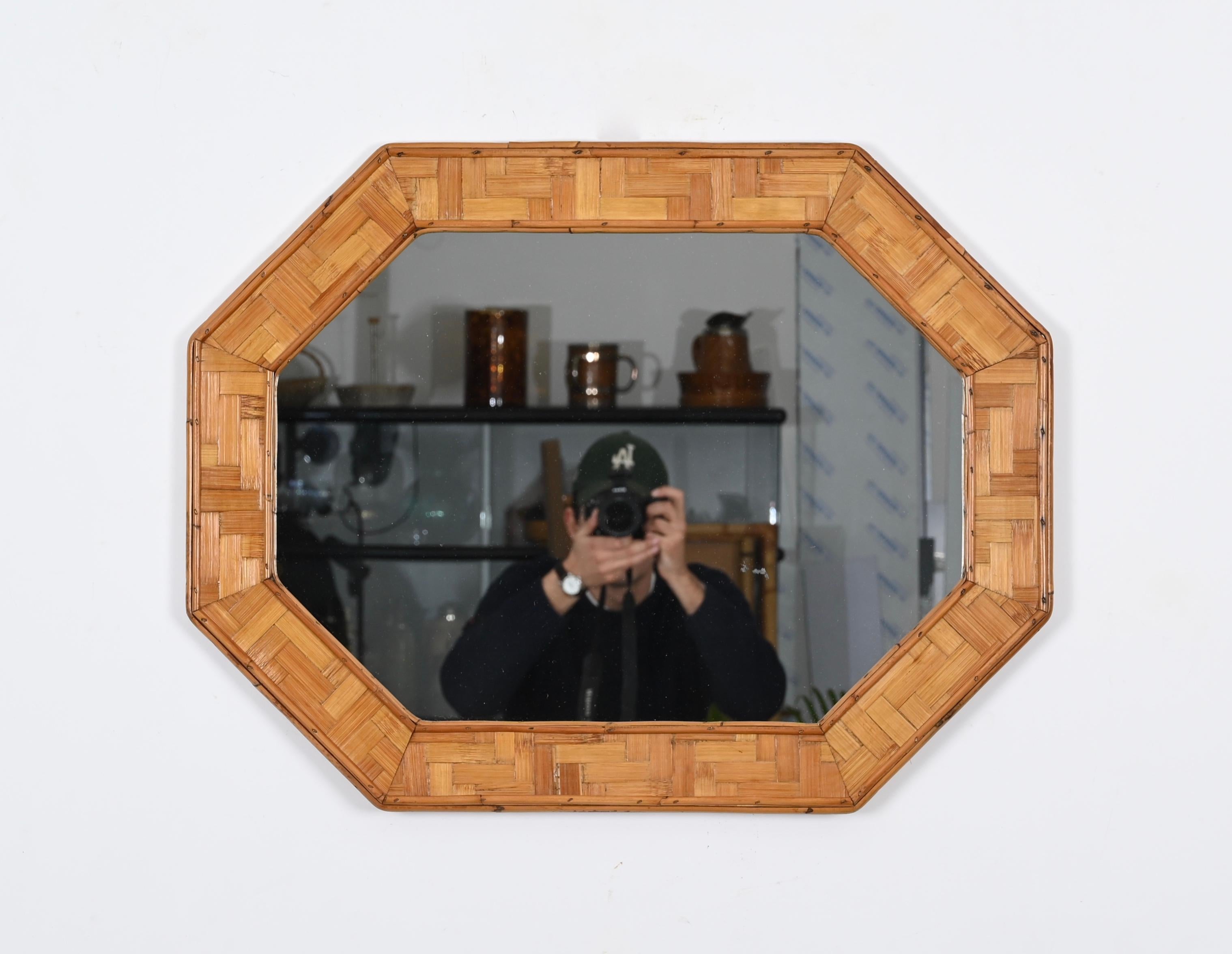 Mid-Century Octagonal Mirror in Bamboo and Woven Rattan Italian, 1960s 3