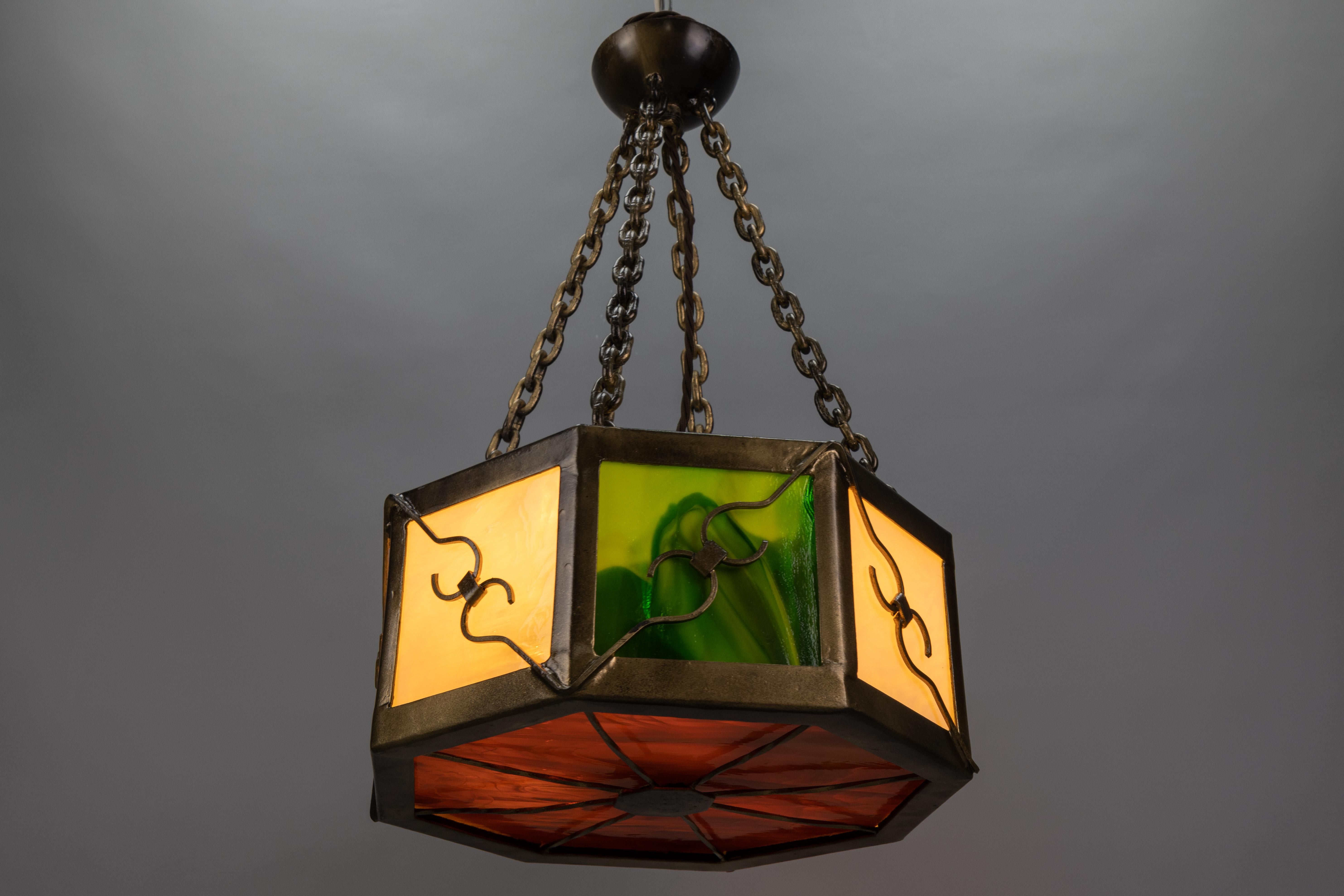 Mid-Century Octagonal Patinated Metal and Tiffany Glass Pendant Light, Germany For Sale 5