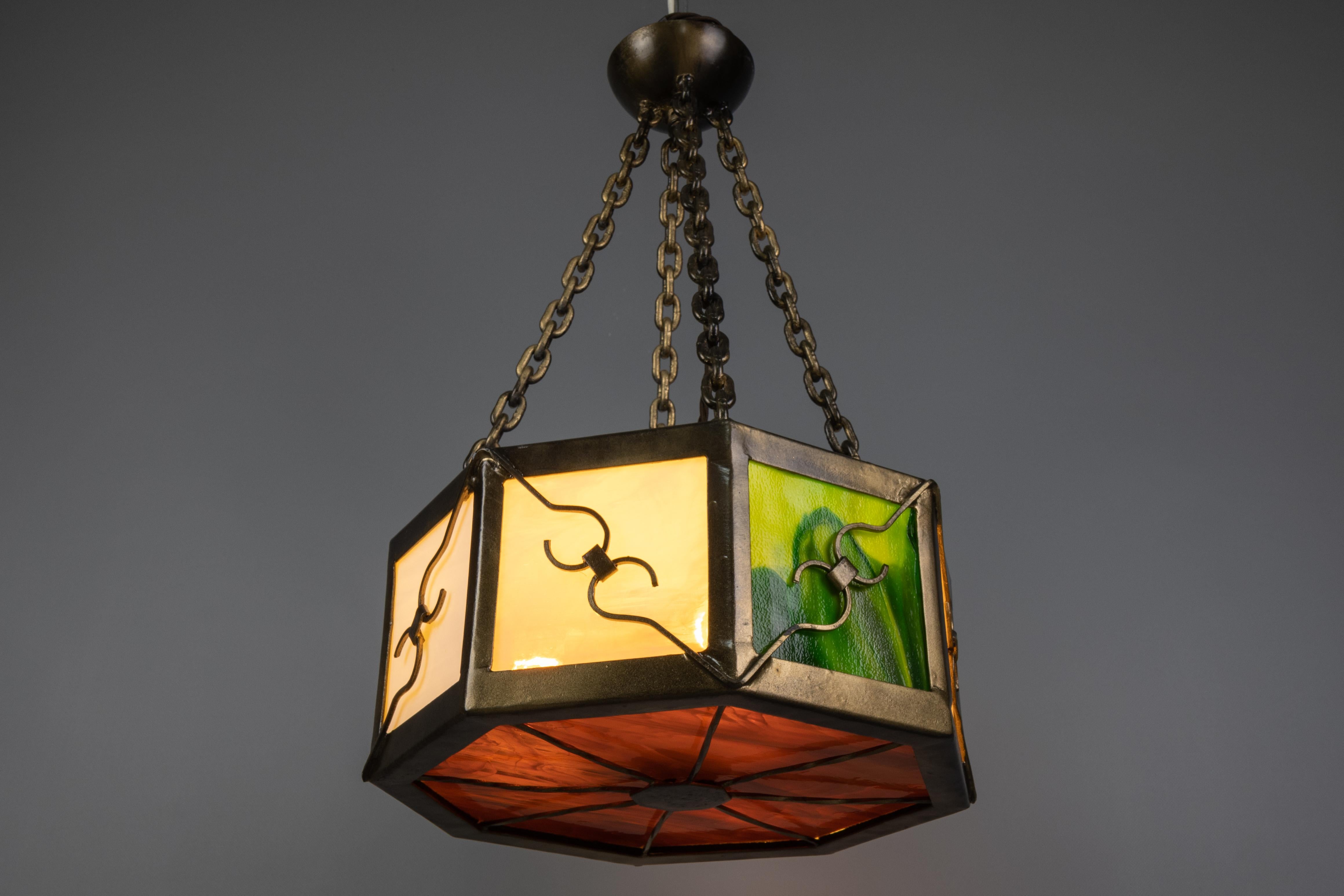 Mid-Century Octagonal Patinated Metal and Tiffany Glass Pendant Light, Germany For Sale 6