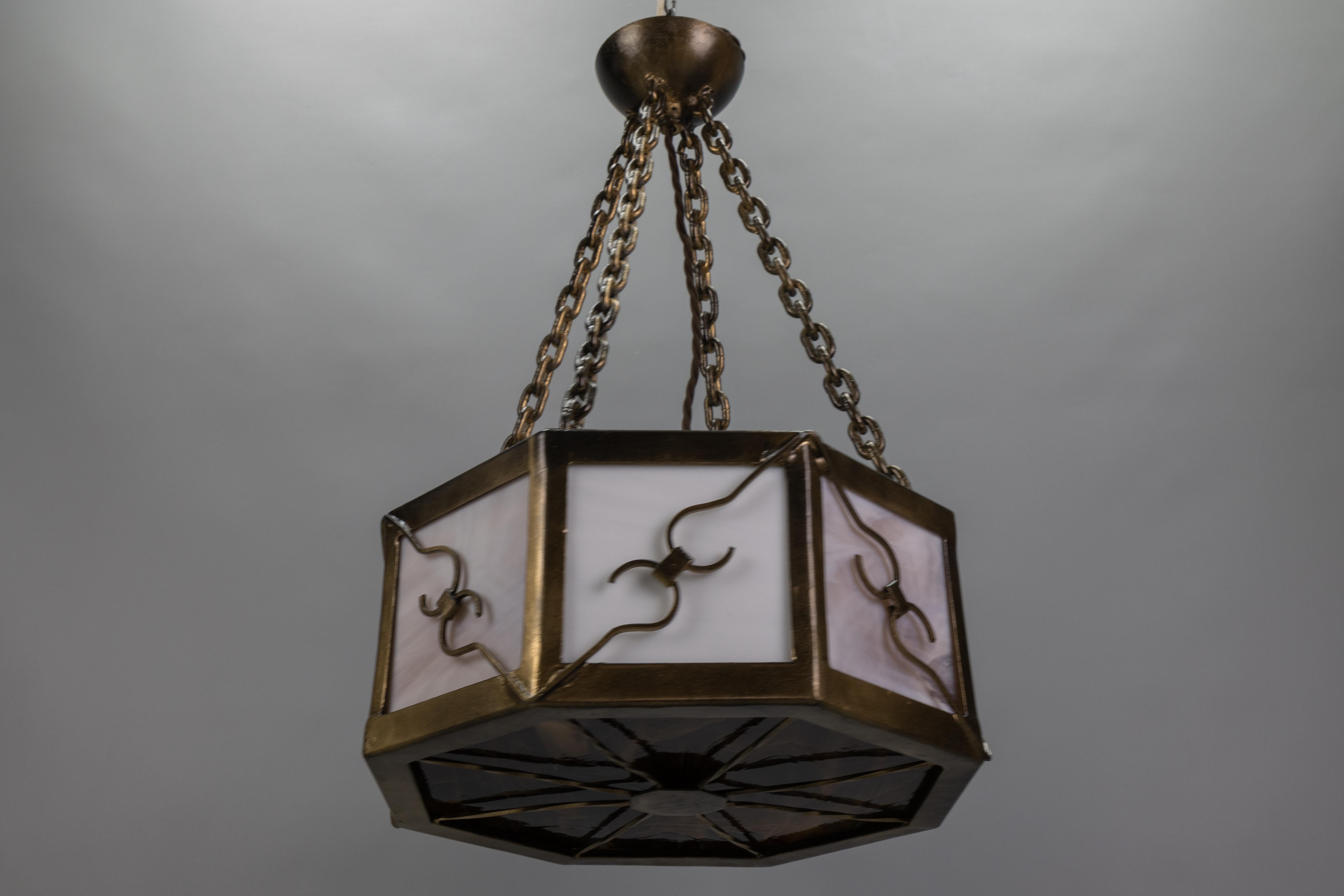 Mid-Century Octagonal Patinated Metal and Tiffany Glass Pendant Light, Germany For Sale 7