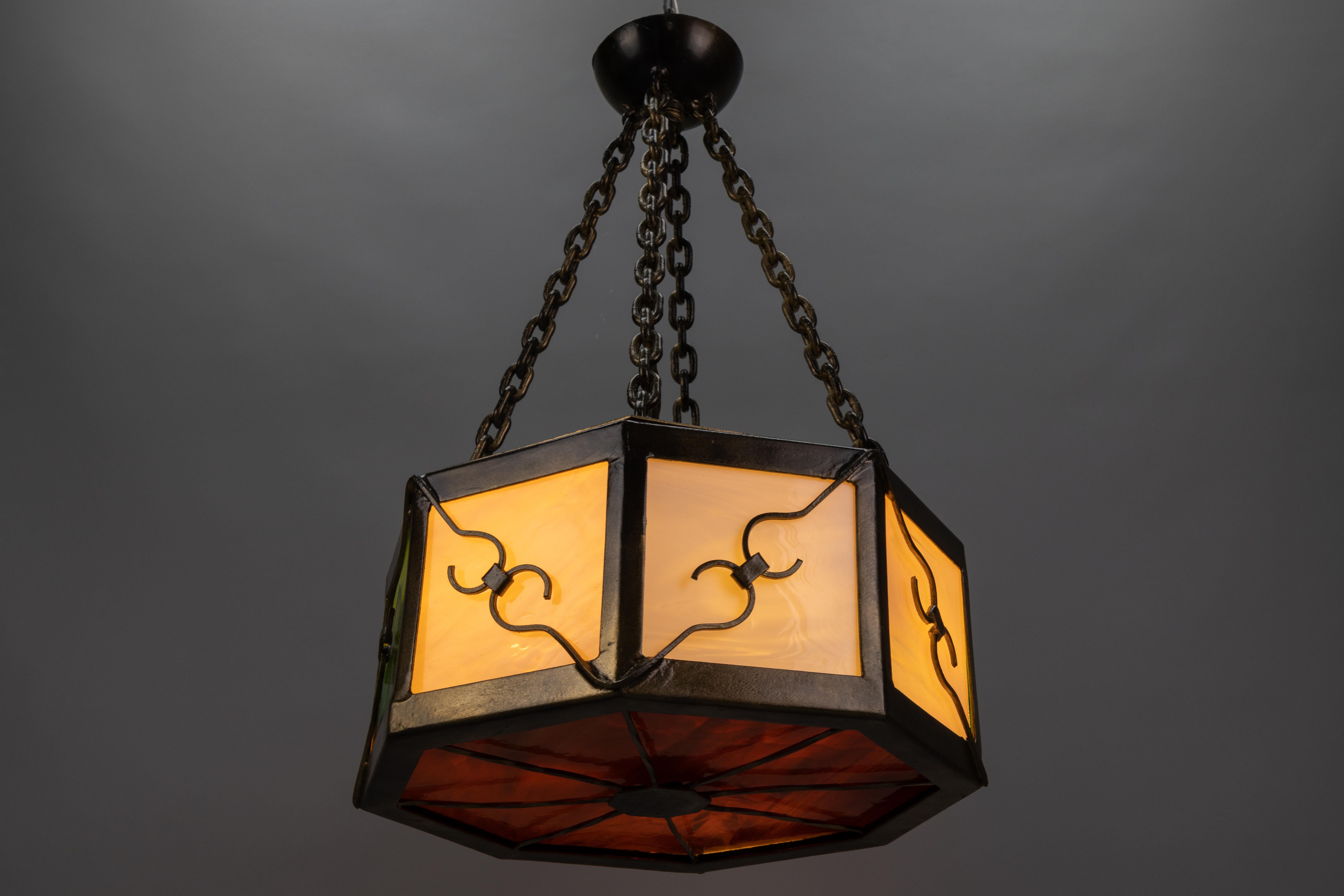 Mid-Century Octagonal Patinated Metal and Tiffany Glass Pendant Light, Germany For Sale 8