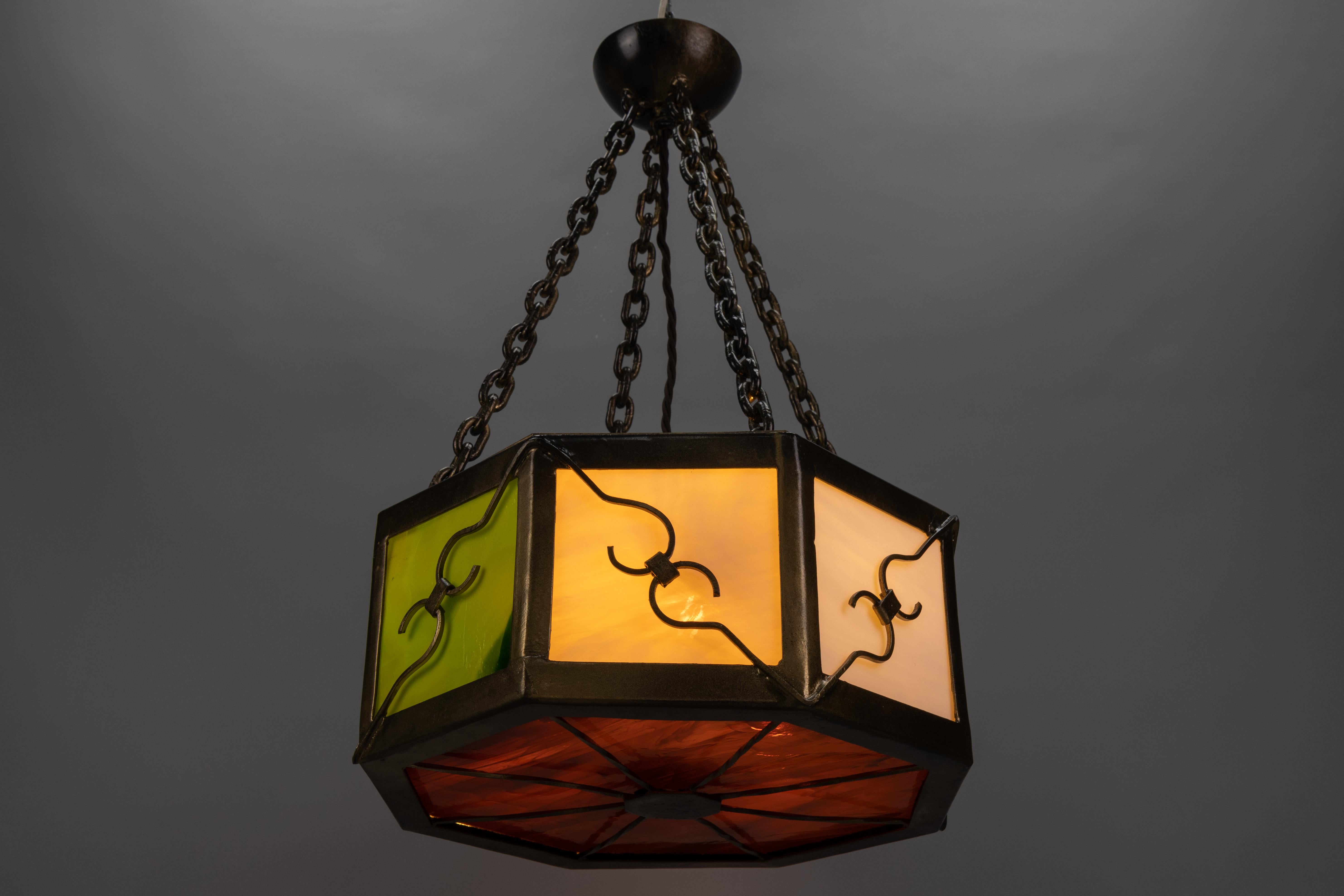 Mid-Century Octagonal Patinated Metal and Tiffany Glass Pendant Light, Germany For Sale 9