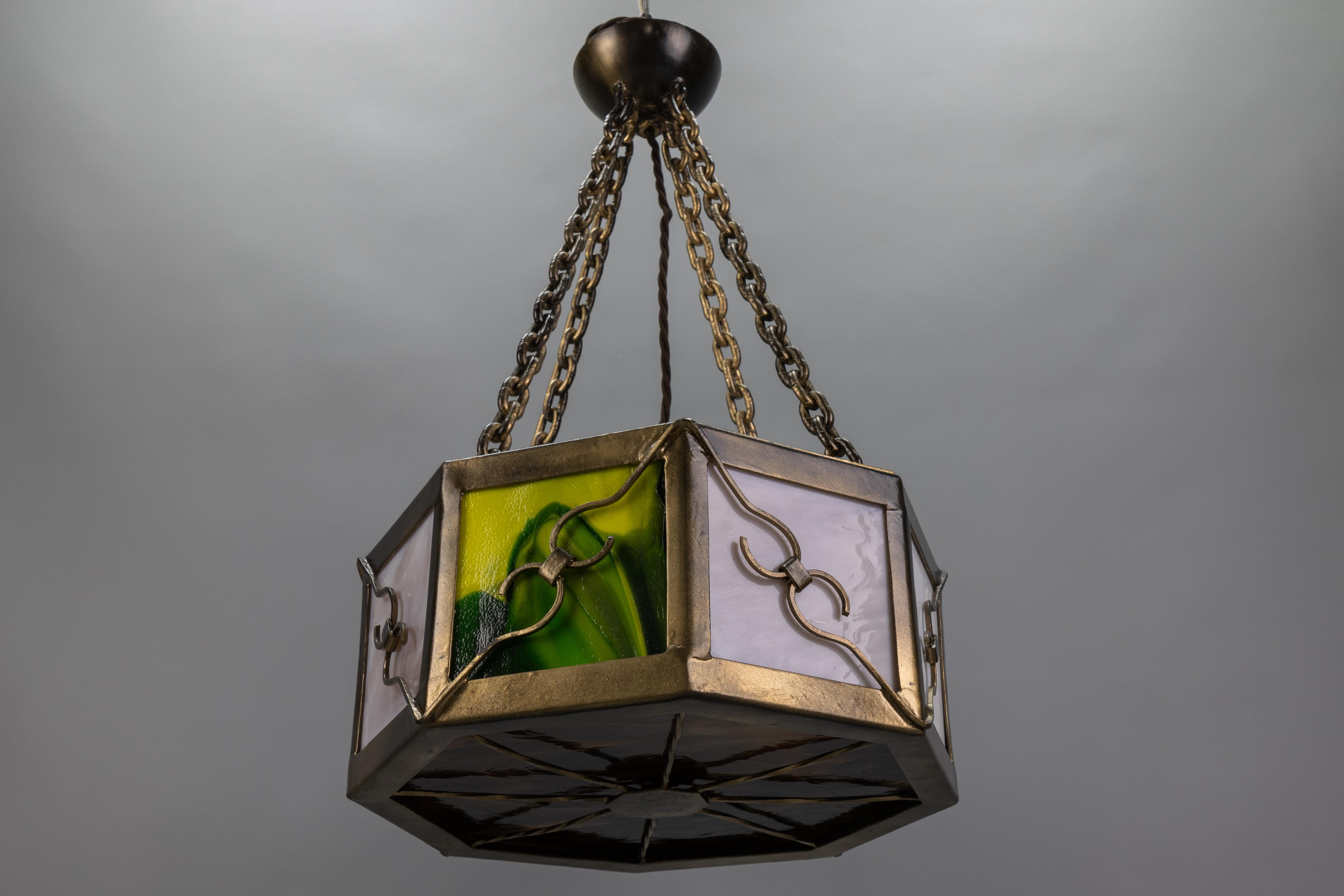 Mid-Century Octagonal Patinated Metal and Tiffany Glass Pendant Light, Germany For Sale 10