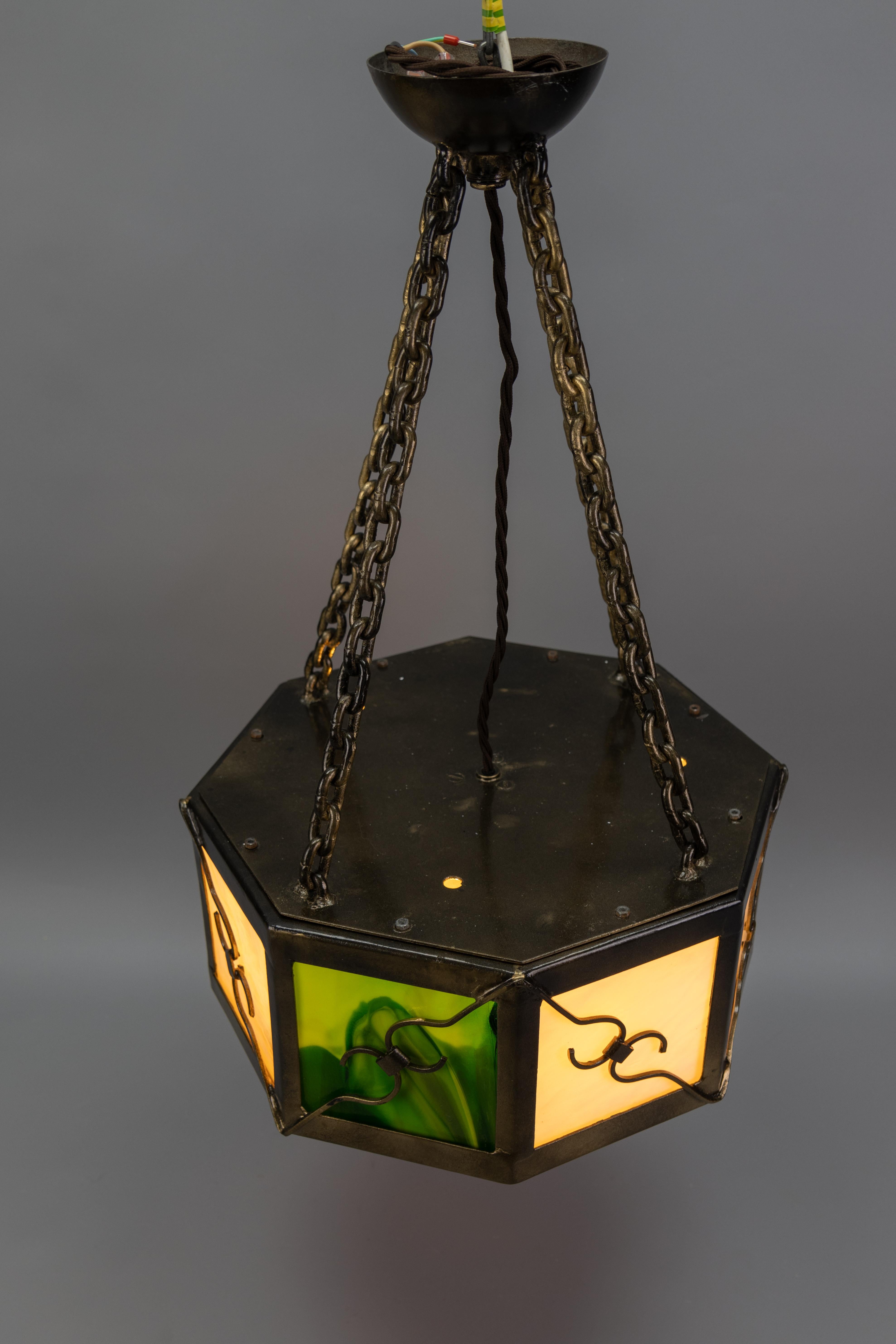 Mid-Century Octagonal Patinated Metal and Tiffany Glass Pendant Light, Germany For Sale 11