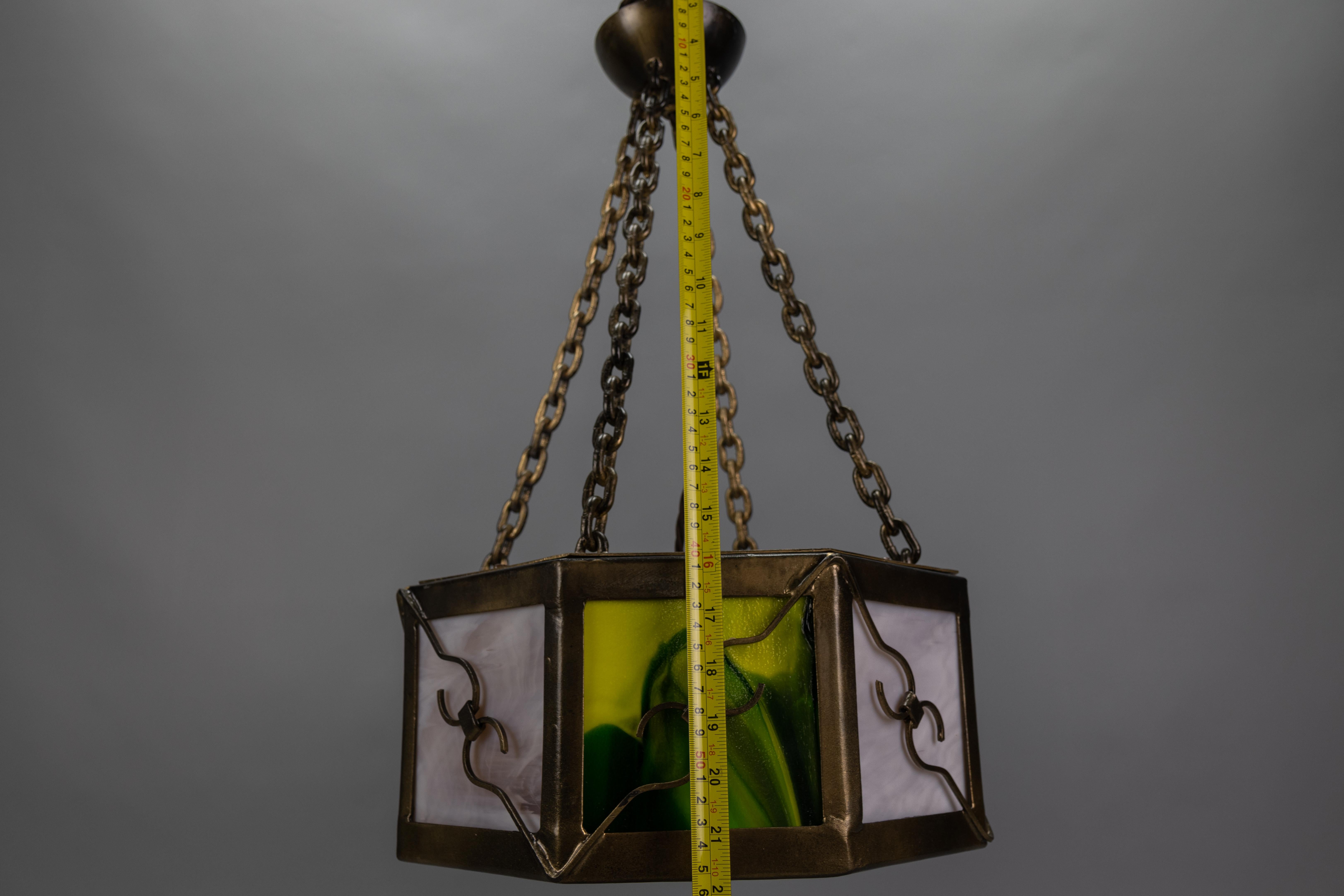 Mid-Century Octagonal Patinated Metal and Tiffany Glass Pendant Light, Germany For Sale 12