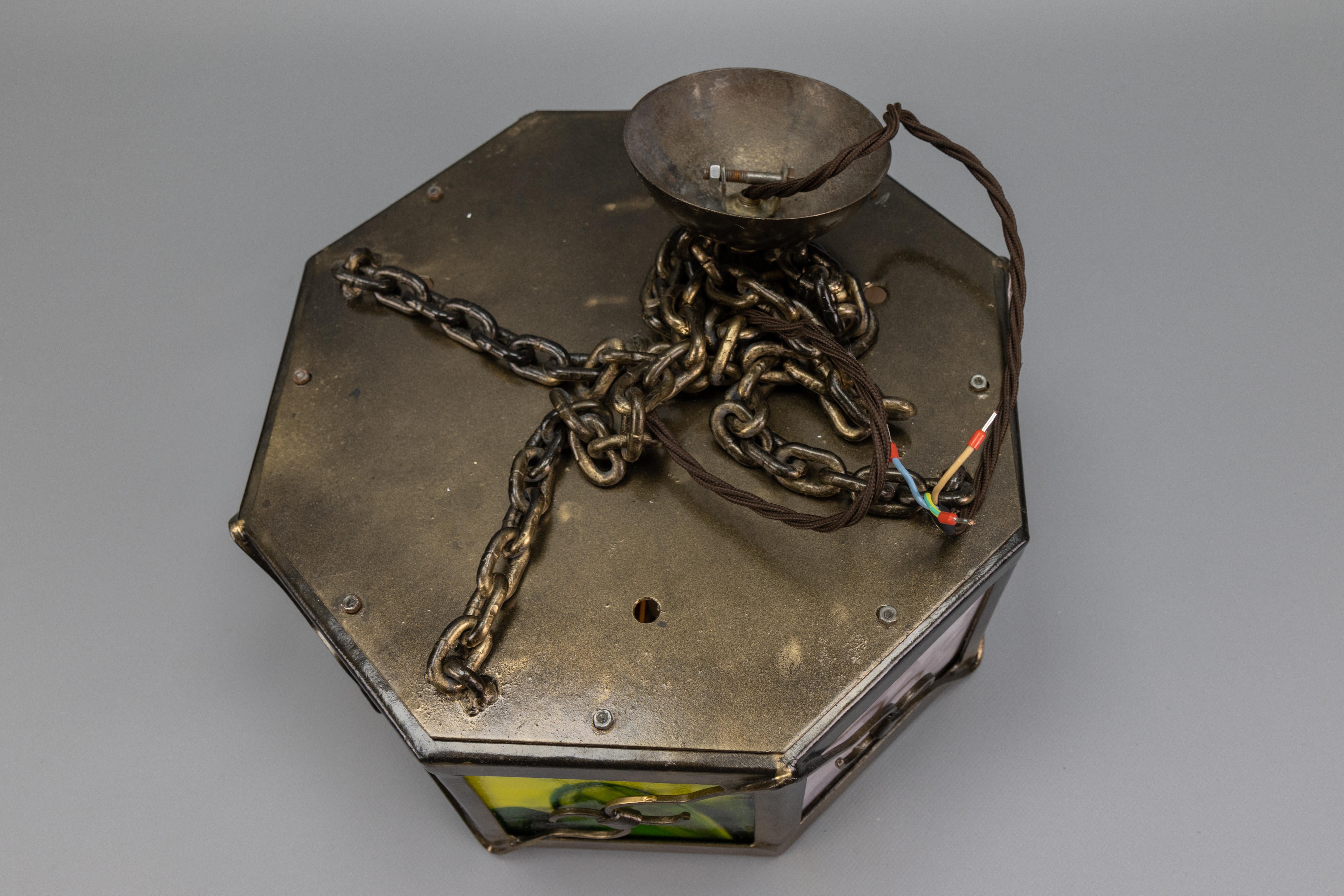 Mid-Century Octagonal Patinated Metal and Tiffany Glass Pendant Light, Germany For Sale 14