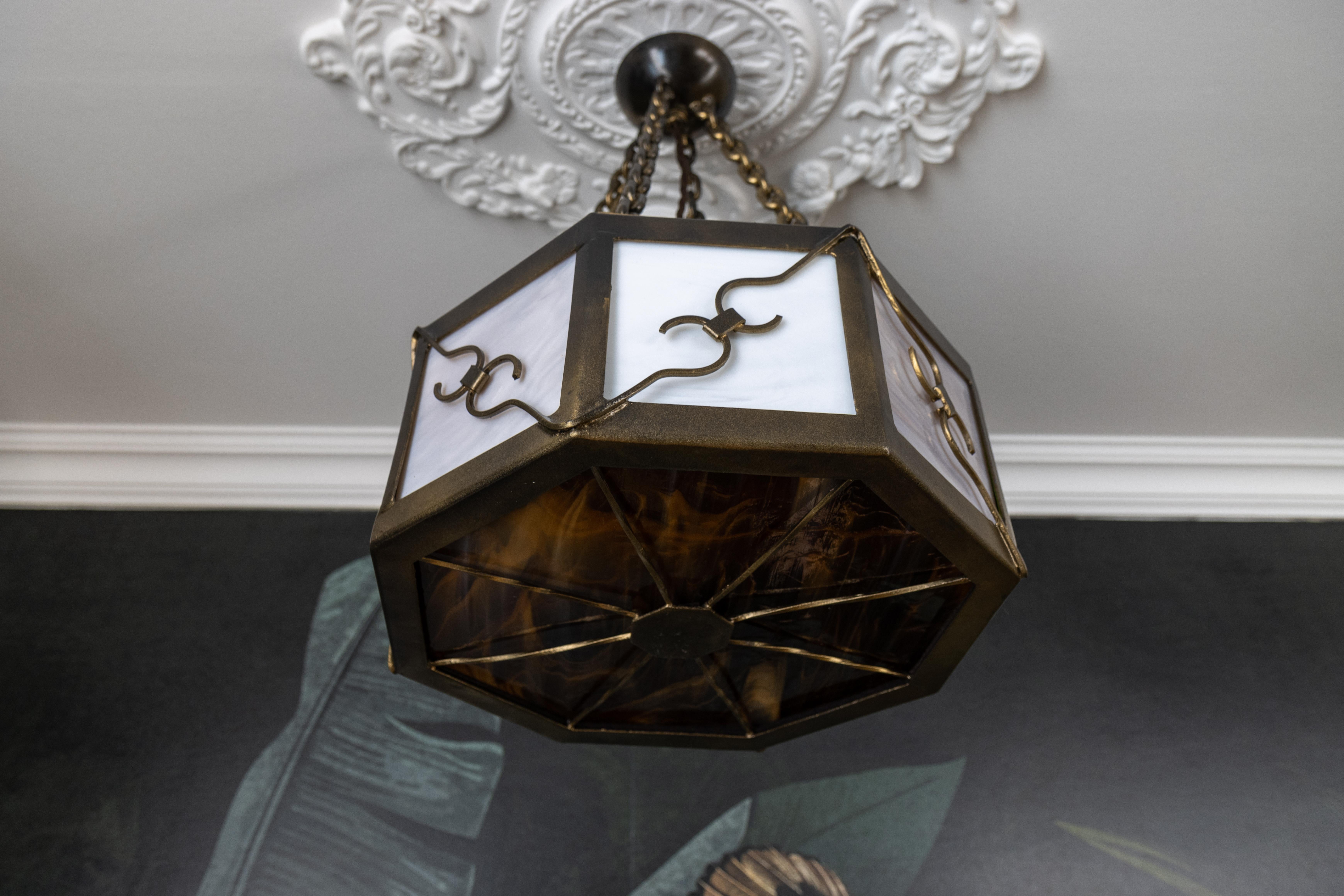 Mid-20th Century Mid-Century Octagonal Patinated Metal and Tiffany Glass Pendant Light, Germany For Sale