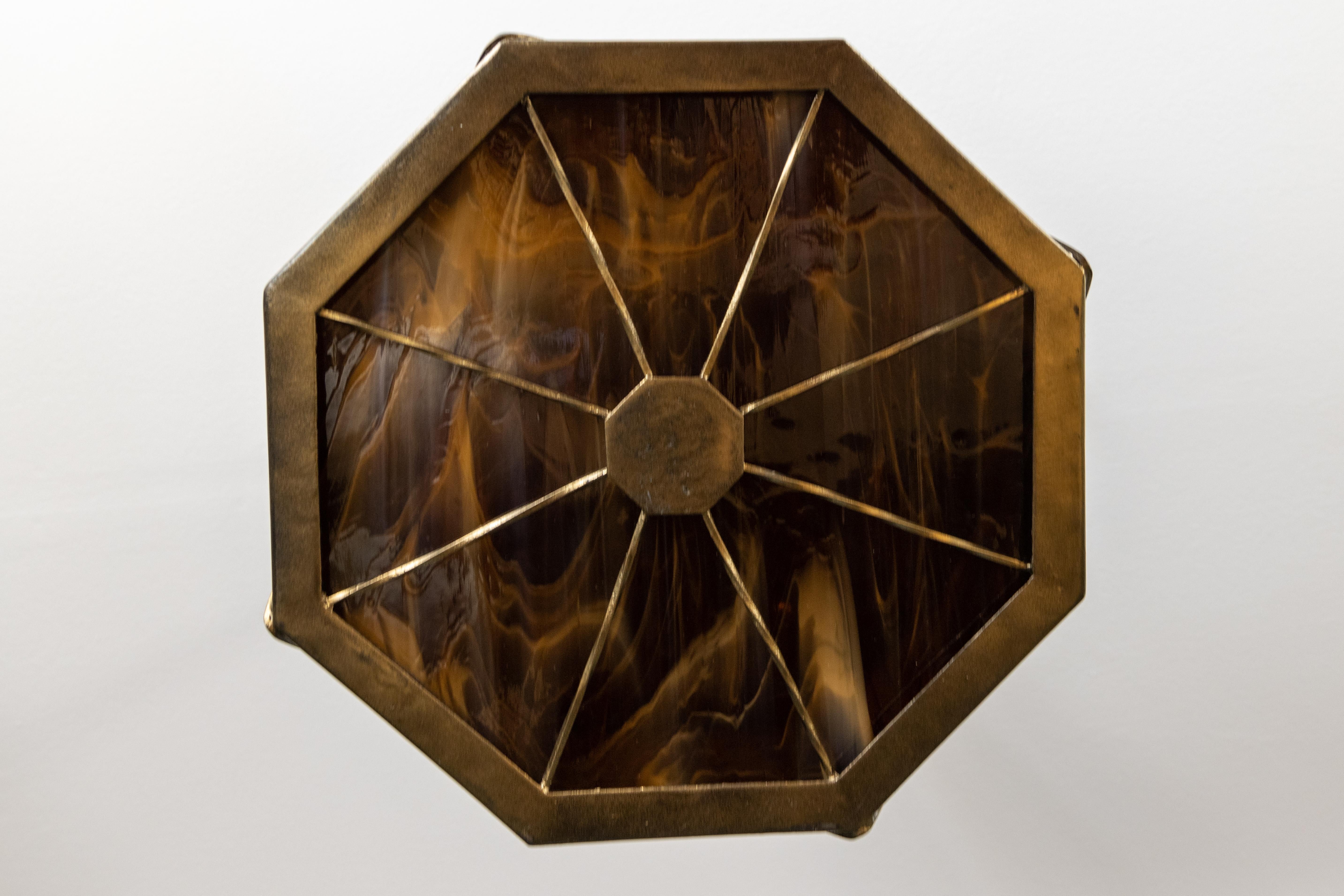 Mid-Century Octagonal Patinated Metal and Tiffany Glass Pendant Light, Germany For Sale 1