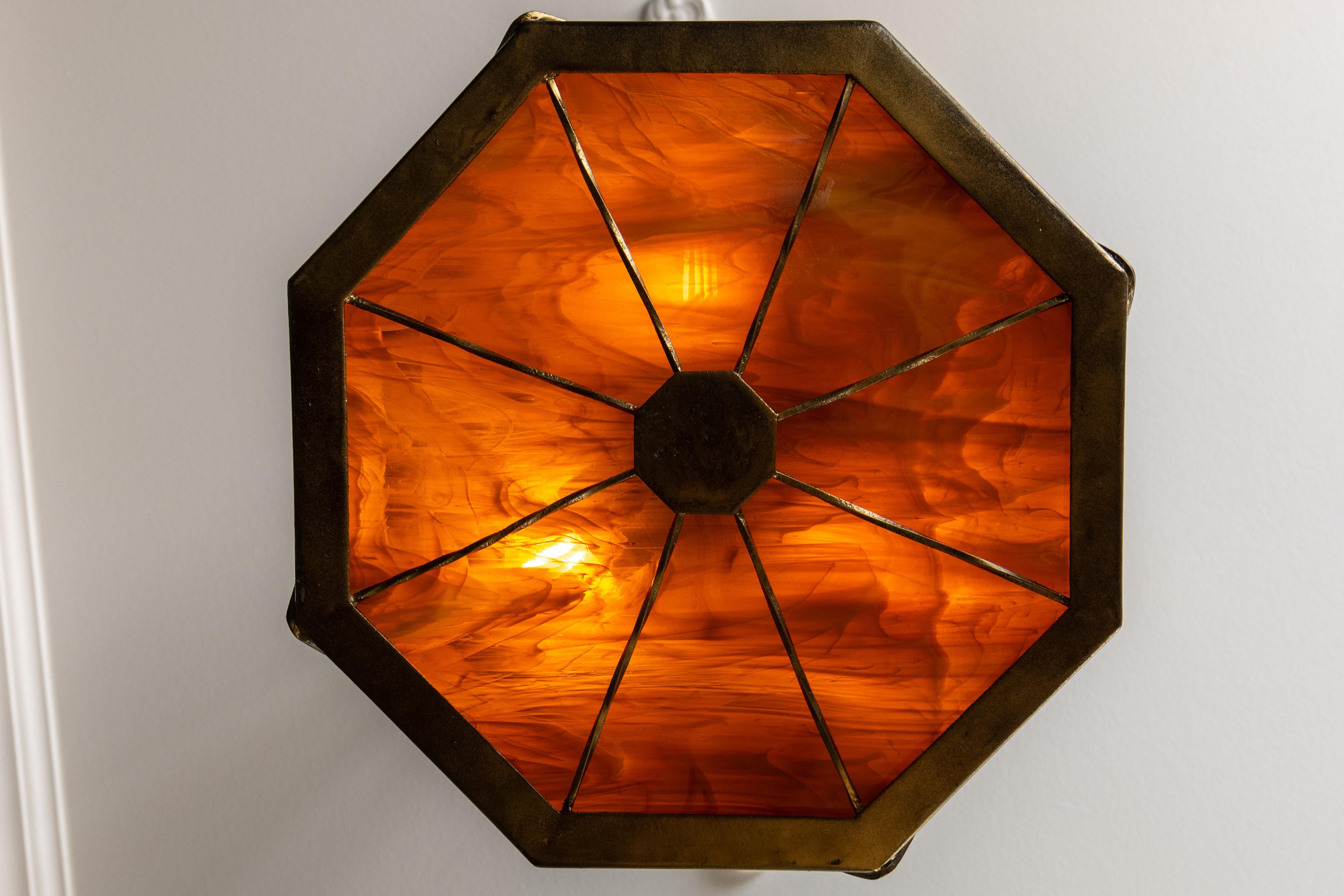 Mid-Century Octagonal Patinated Metal and Tiffany Glass Pendant Light, Germany For Sale 2