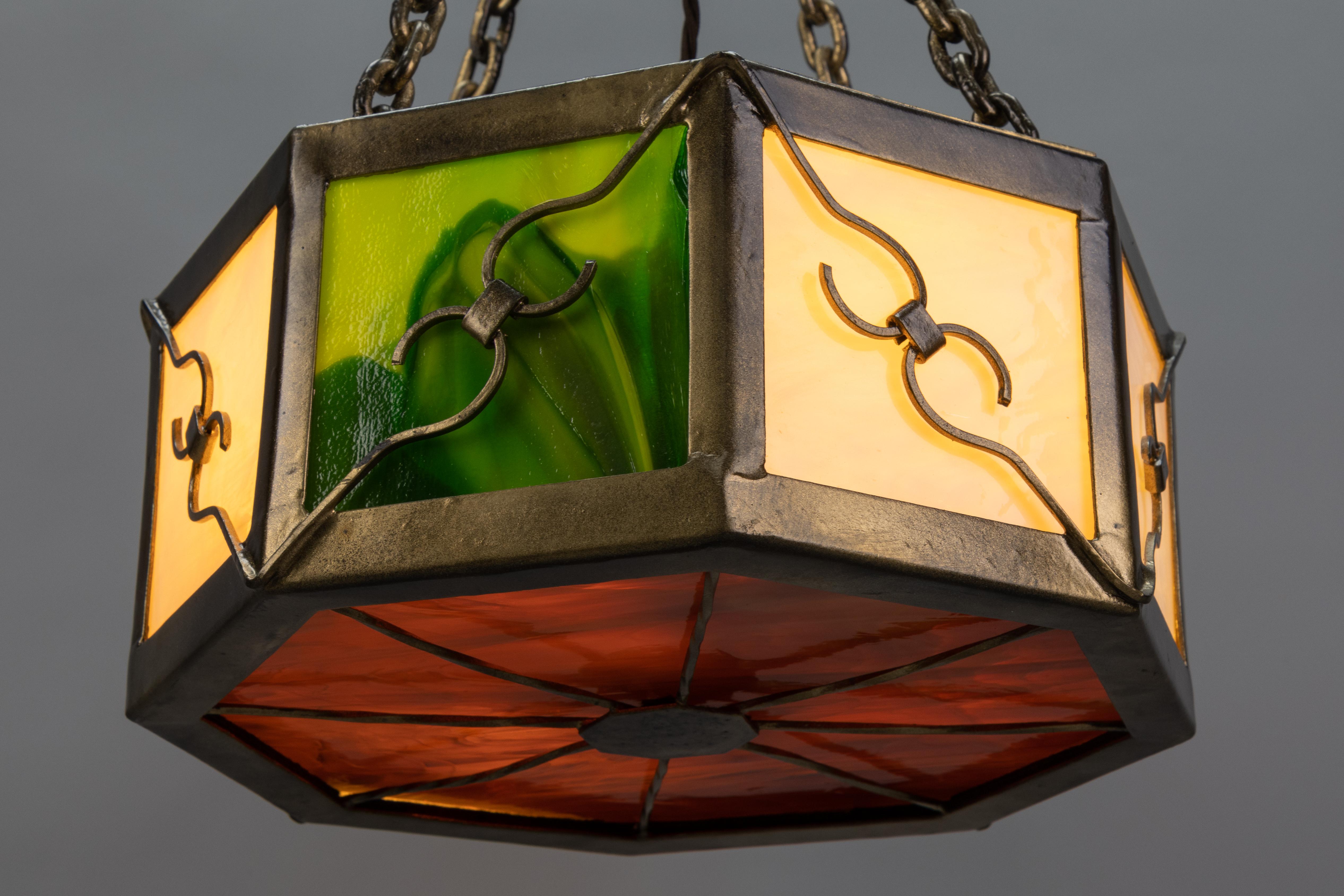 Mid-Century Octagonal Patinated Metal and Tiffany Glass Pendant Light, Germany For Sale 3