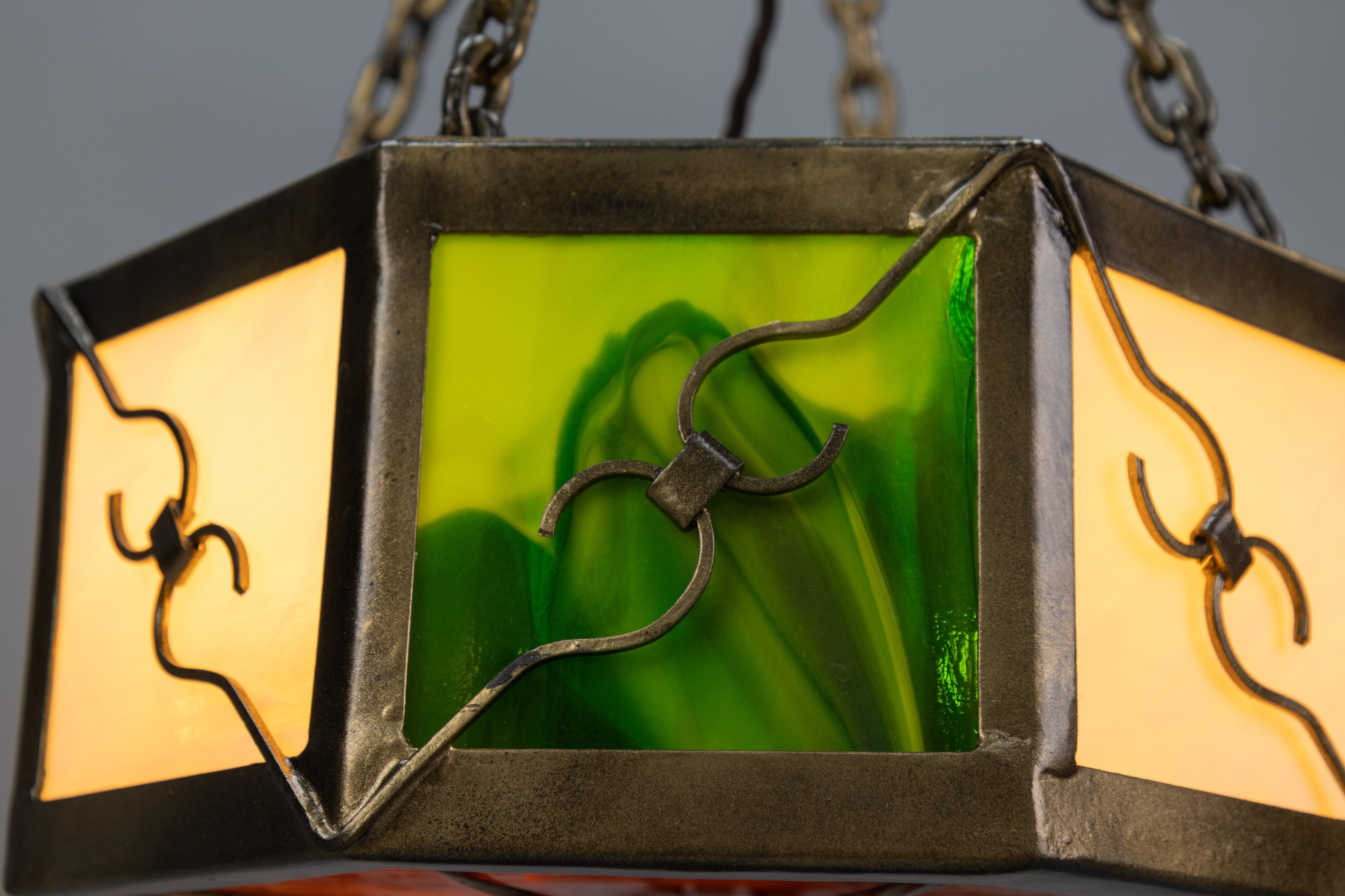 Mid-Century Octagonal Patinated Metal and Tiffany Glass Pendant Light, Germany For Sale 4