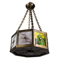 Vintage Mid-Century Octagonal Patinated Metal and Tiffany Glass Pendant Light, Germany