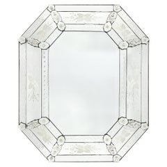 Mid-Century Octagonal Stepped Venetian Glass Mirror W/ Reverse Etched Detailing