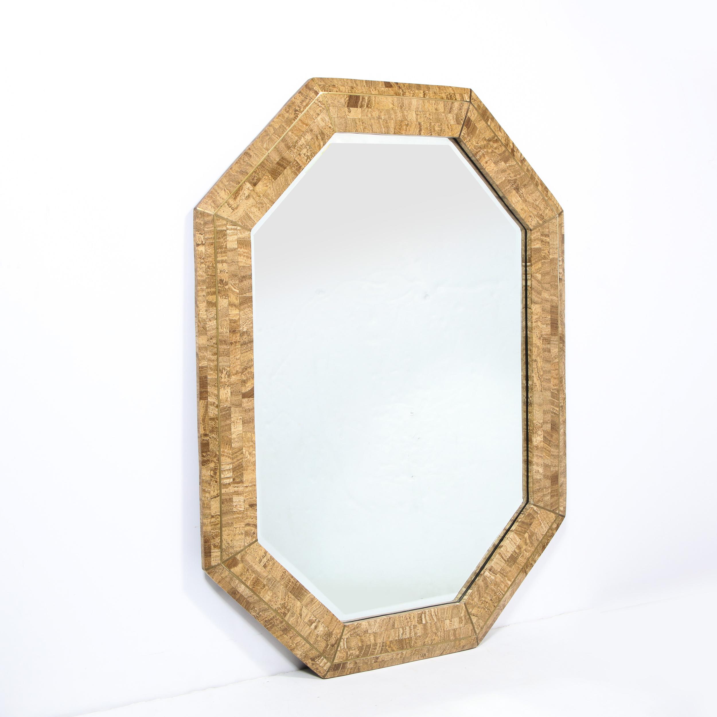 American Mid Century Octagonal Tesselated Stone & Brass Mirror Signed by Maitland Smith
